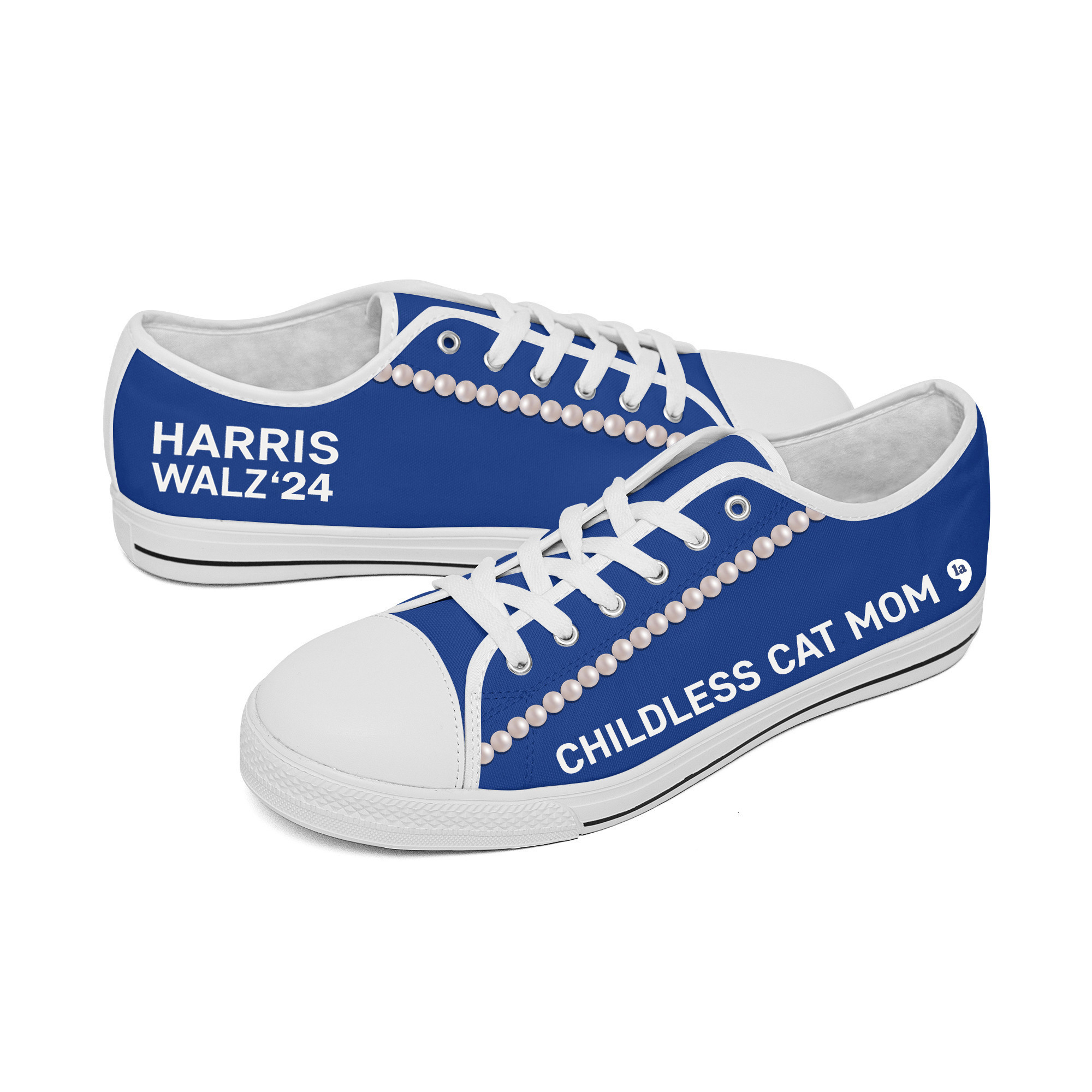 Chucks And Pearls Low Top Shoes Harris Walz '24 Childless Cat Mom Vote Blue Shoes