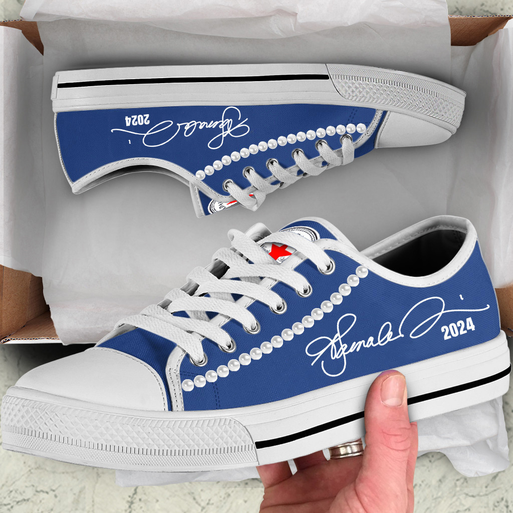 Chucks And Pearls Low Top Shoes Kamala Harris Signature 2024 Vote Blue Low Top Sneakers