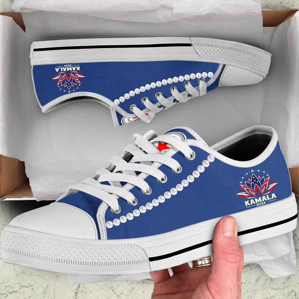 Chucks And Pearls Low Top Shoes USA Flag Lotus Kamala 2024 Vote Blue Low Top Sneakers