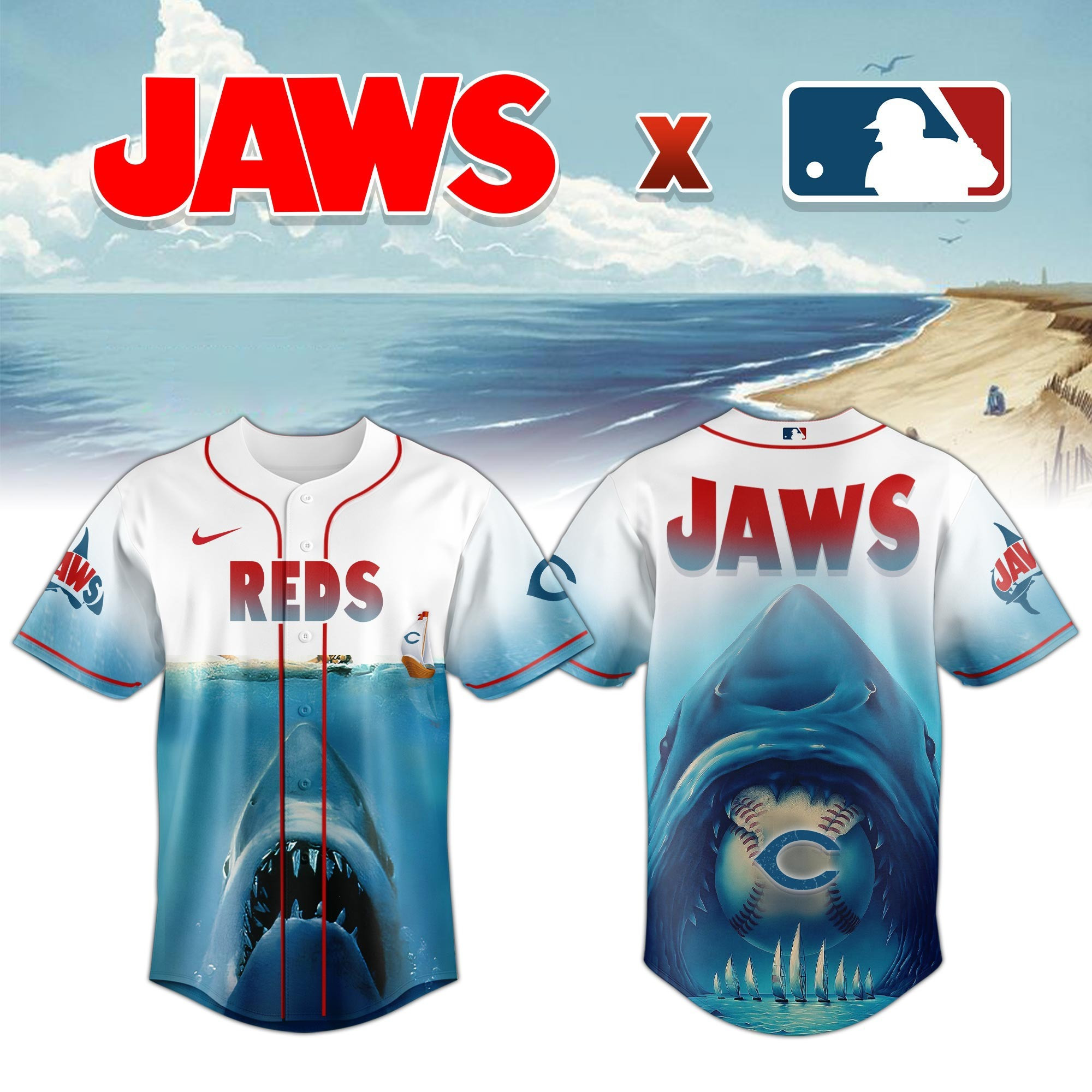 Cincinnati Reds x JAWS Jersey MLB Merch Baseball Lovers Themed Gifts For Jaws Fans