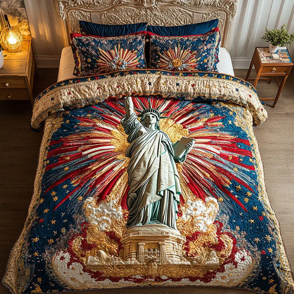 City of Liberty  Quilted Bedding Set  King Size Duvet Cover 4Th Of July Themed Gifts