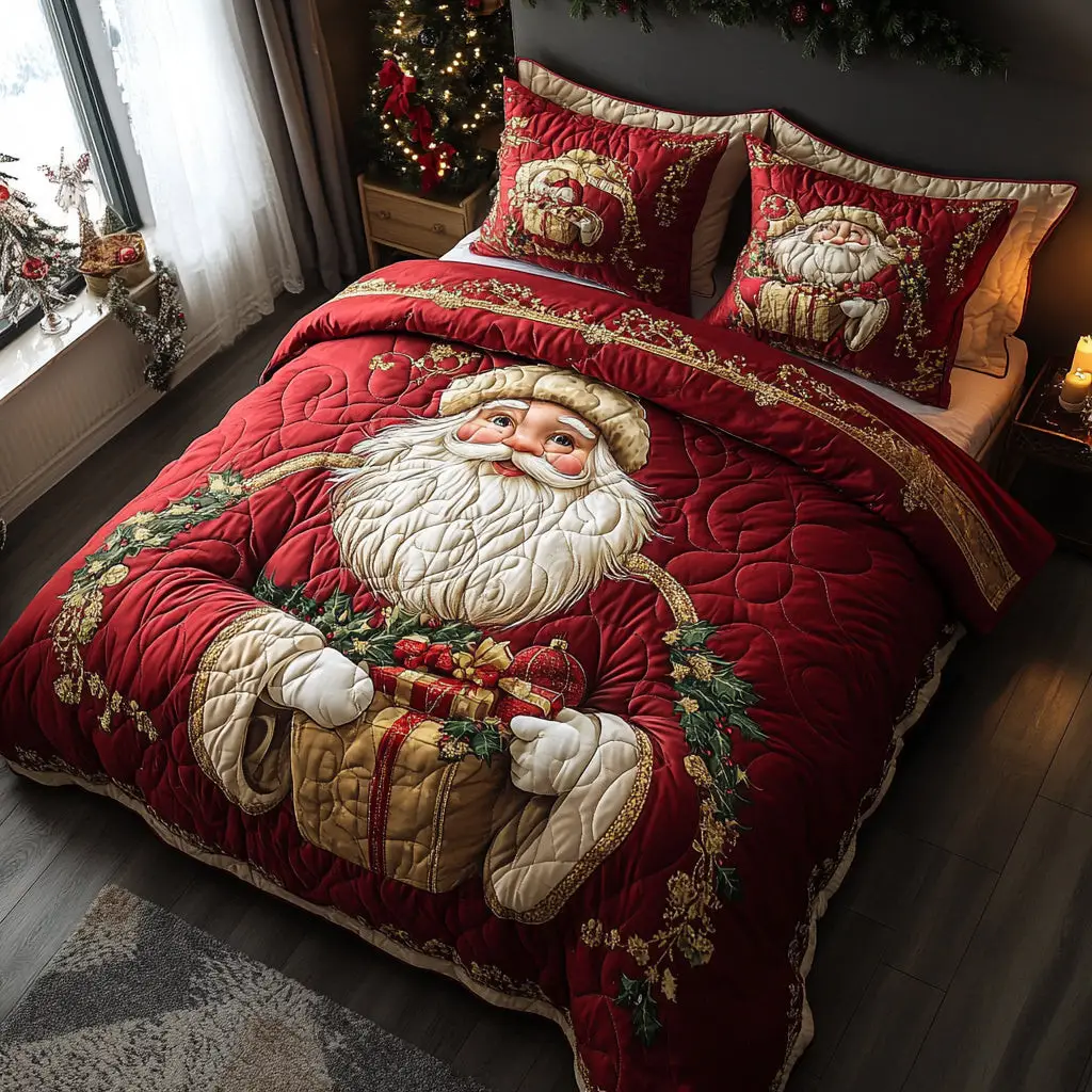 Classic Santa Quilted Bedding Set Perfect Bedroom Gift Set to Show You Care