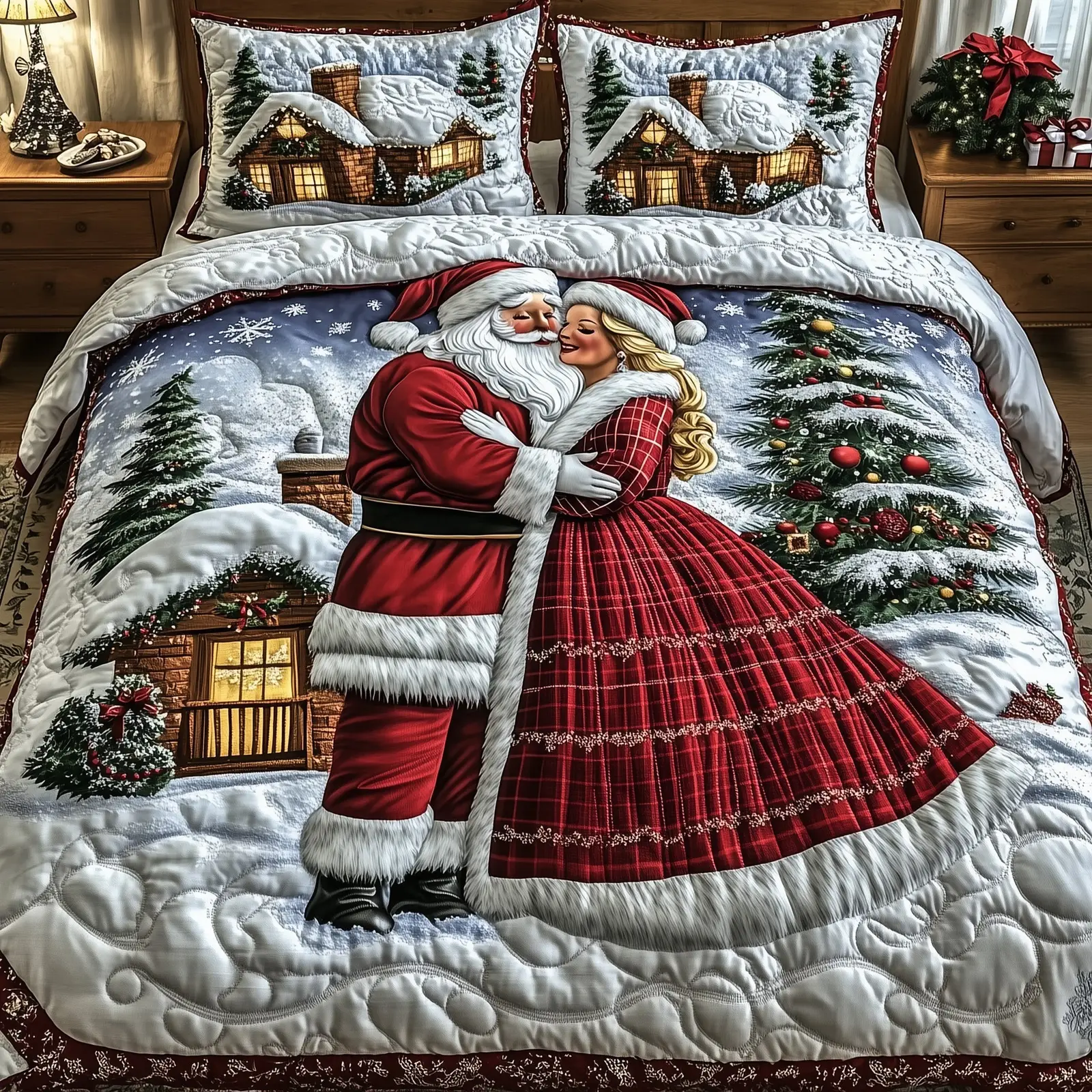 Claus Couple Christmas Quilted Bedding Set Duvet Cover Bedspread Santa Claus Themed Presents For Couples