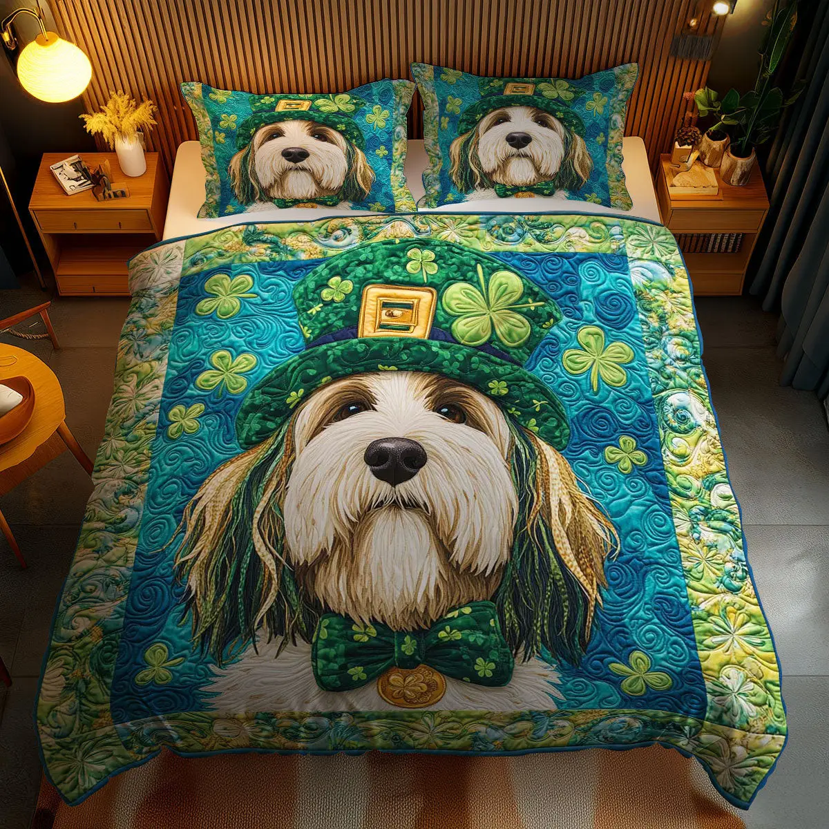 Clover Bearded Collie Quilted Bedding Set Cozy Home Decor St Patty's Day Gift For Collie Lover Clover Bearded Collie Quilted Bedding Set Cozy Home Decor St Patty's Day Gift For Collie Lover - Image 1