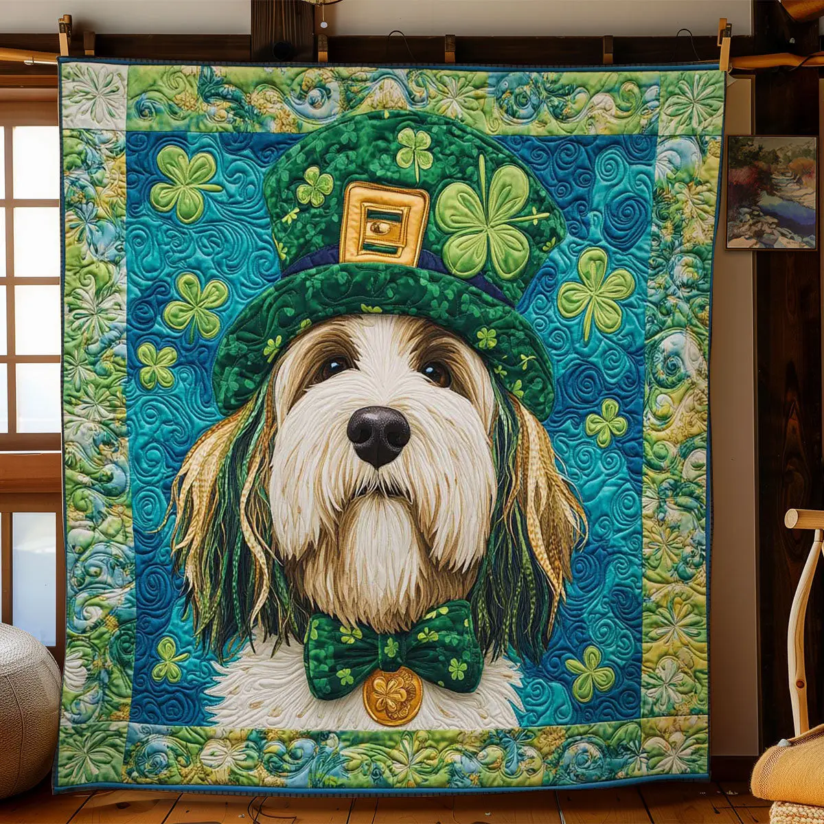 Clover Bearded Collie Quilted Blanket St Patrick's Day Shamrock Dog Lover Gifts