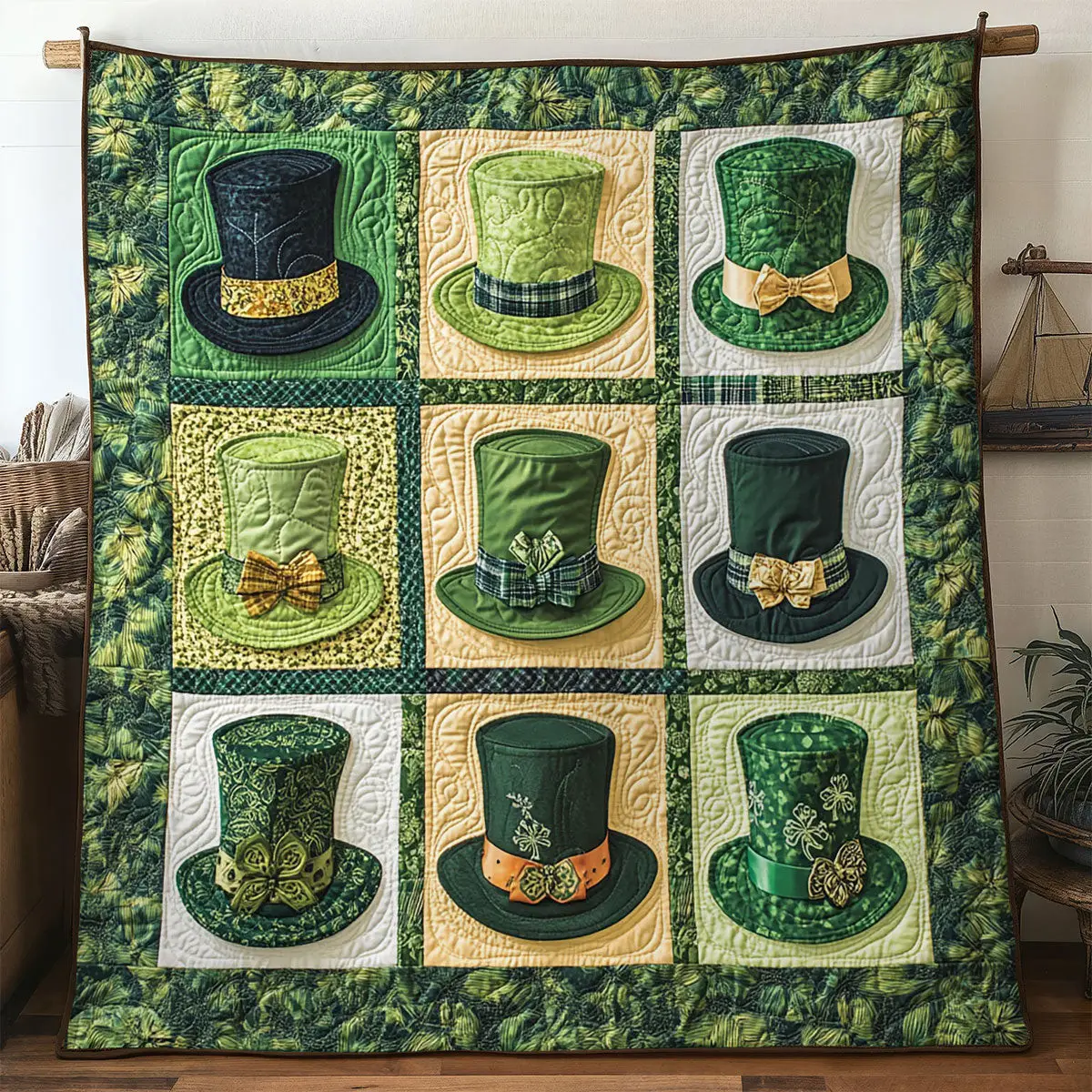 Clover Crown Hat Quilted Blanket Shamrock Hat Design St Patrick's Day Gifts