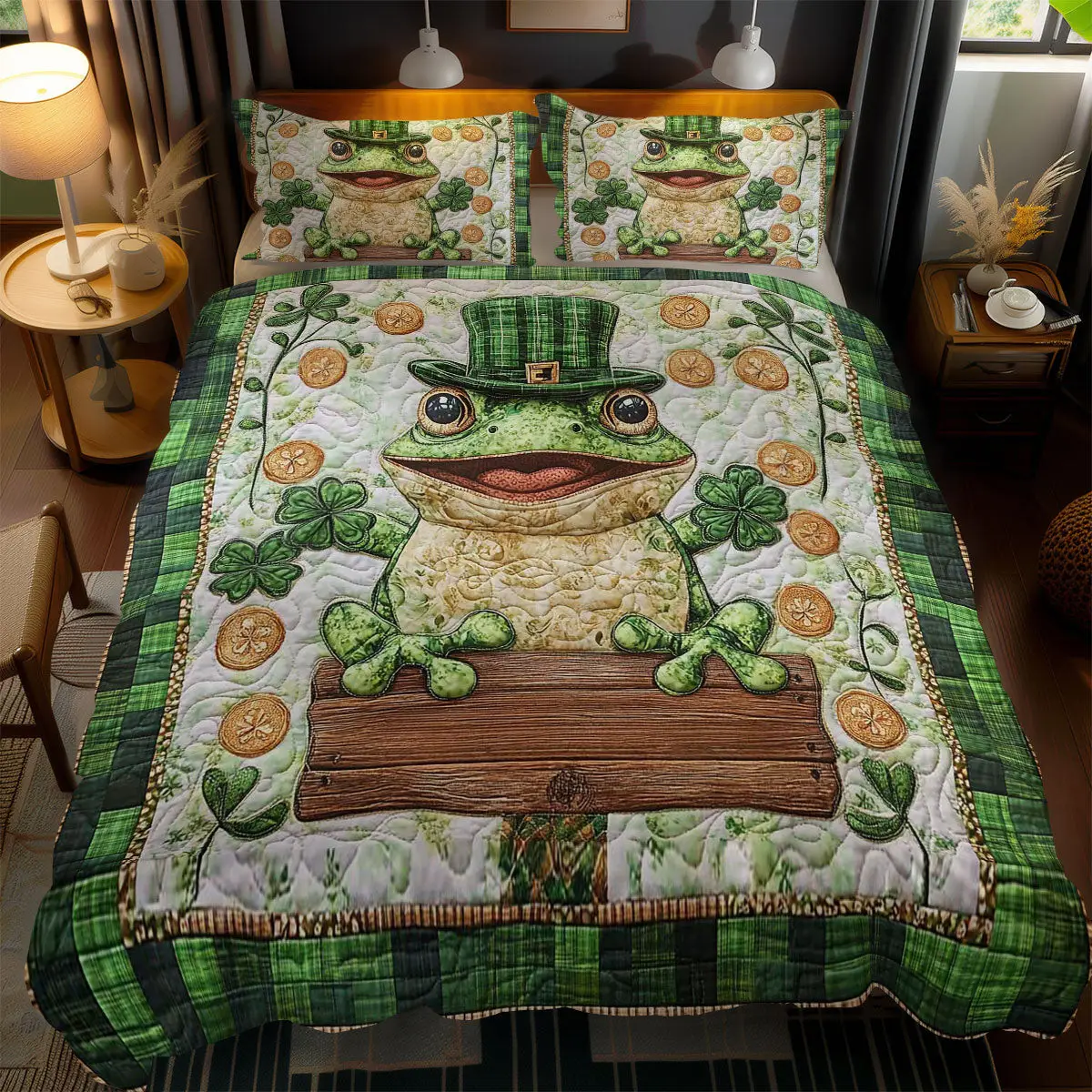Clover Frog Quilted Bedding Set Cozy House Decor Idea St Patrick's Day Gift For Frog Lovers