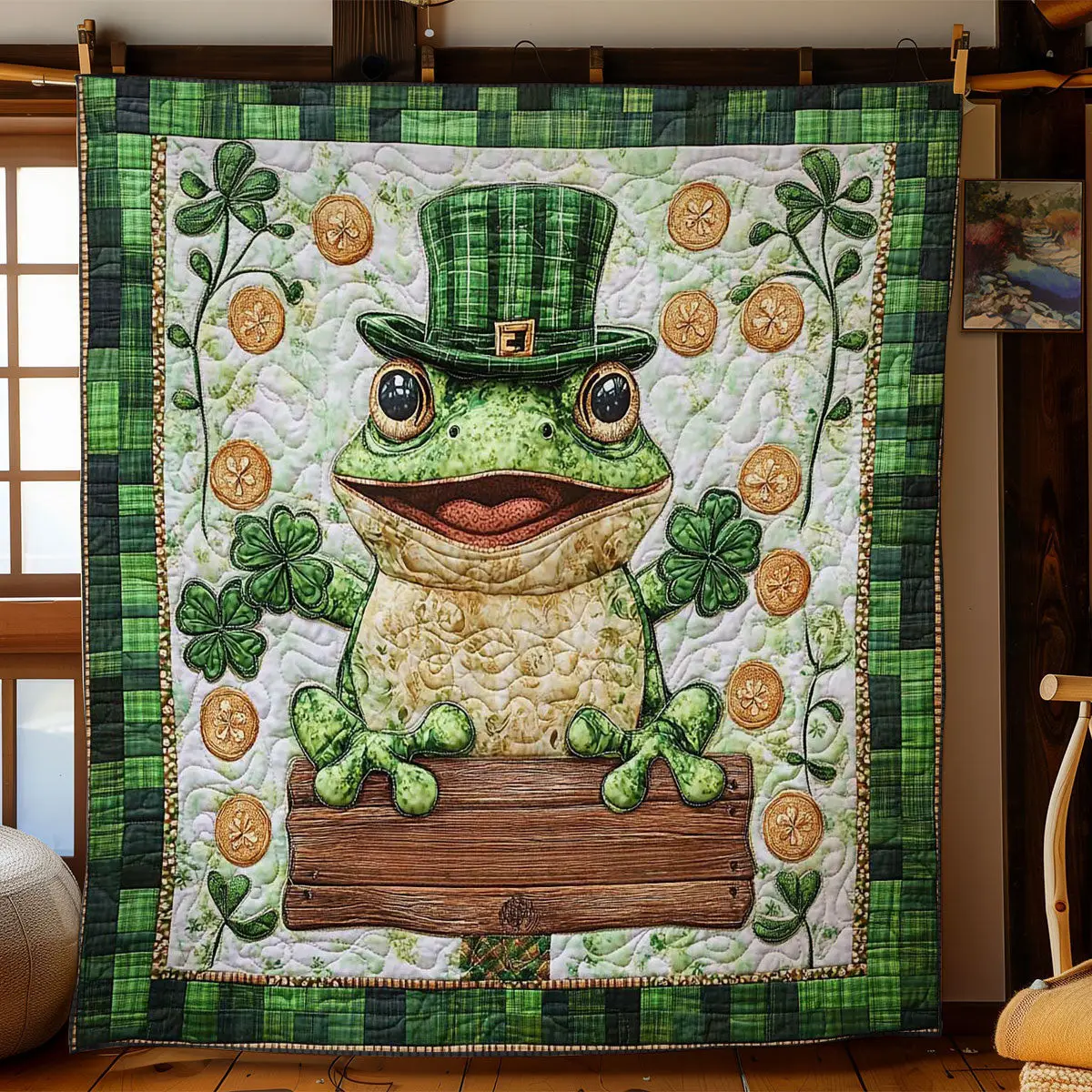 Clover Frog Quilted Blanket Cozy Living Decor St Patricks Day Presents For Frog Lovers