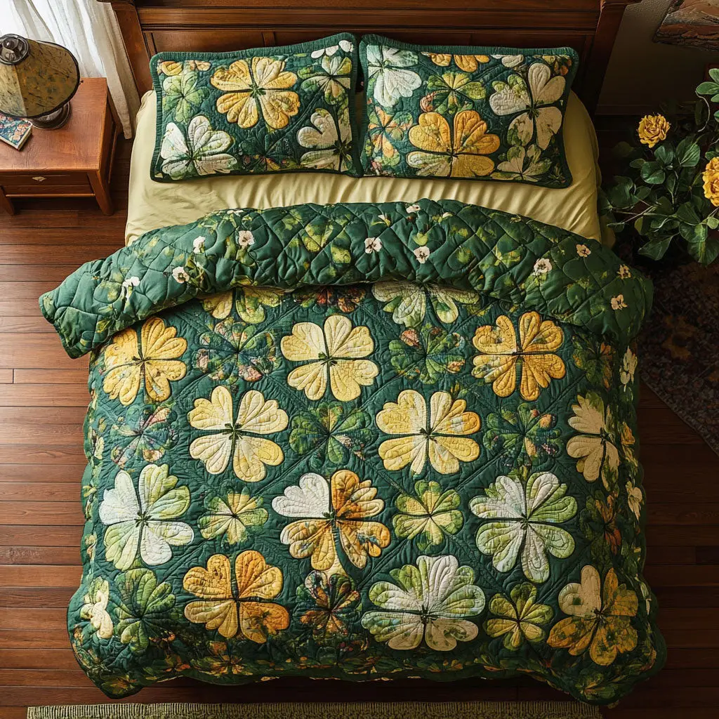 Clover Garden Quilted Bedding Set Rustic Home Decor St Patrick Gifts For Clover Lovers