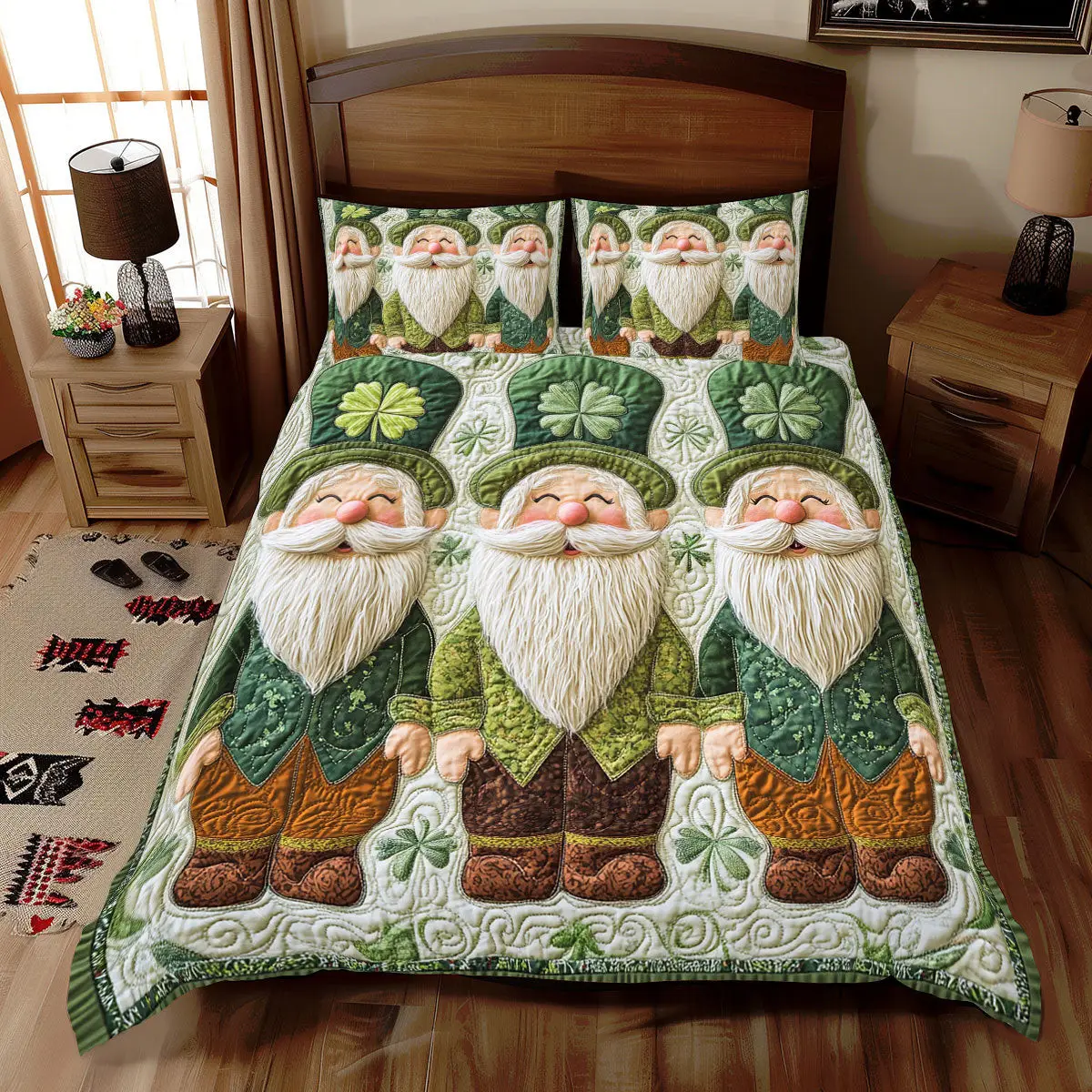 Clover Gnome Quilted Bedding Set Cozy House Decor Idea St Patrick's Day Gift Ideas