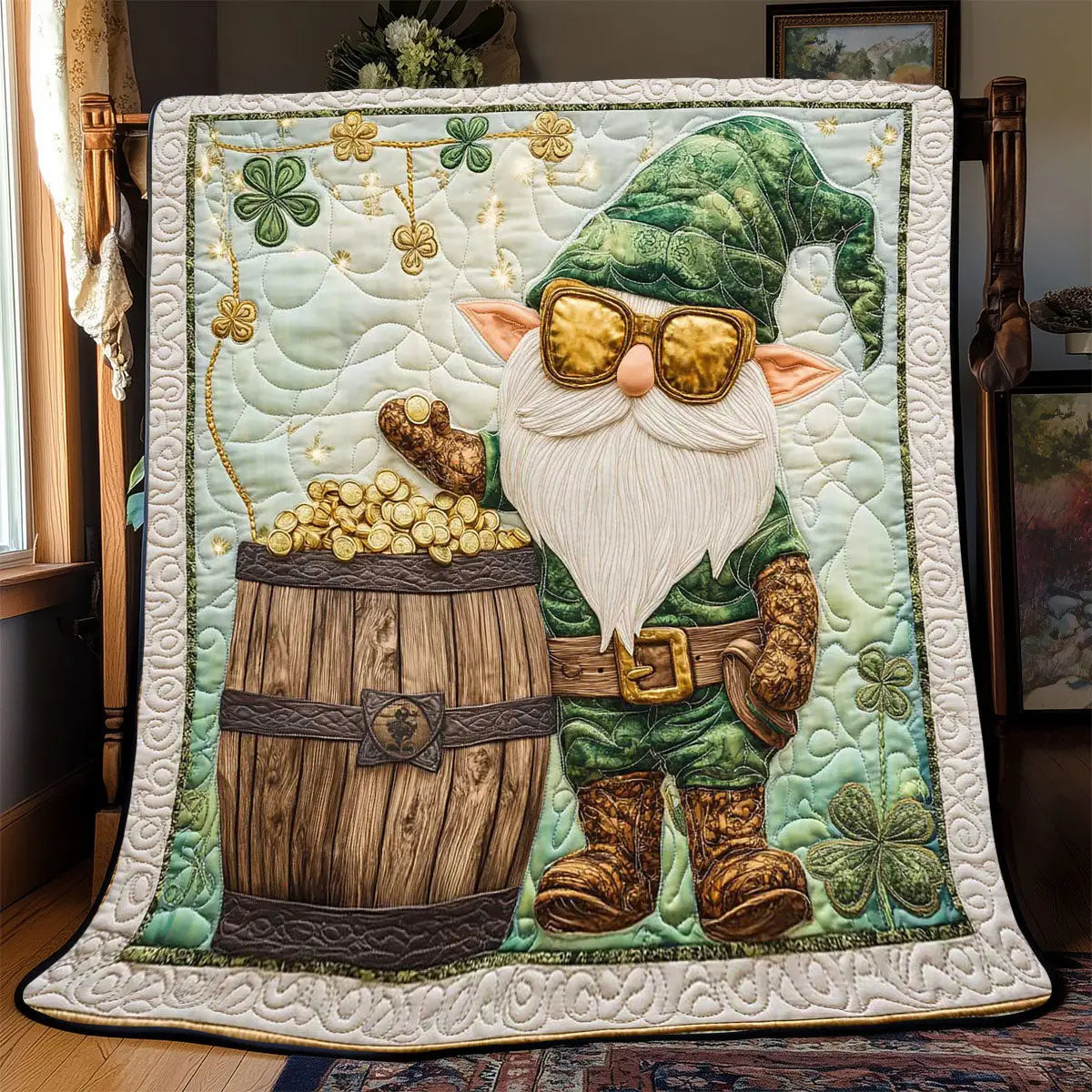 Clover Gnome Quilted Blanket Room Accessories St Patricks Day Gift Ideas For Family