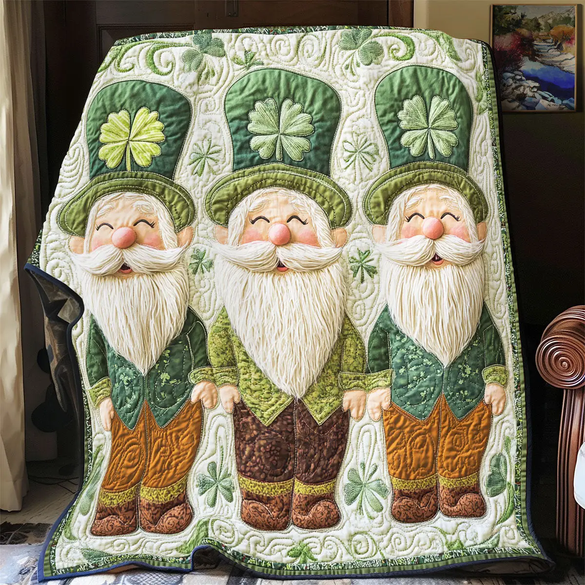 Clover Gnome Quilted Blanket Shamrock Design St Patrick's Day Celebration Gifts