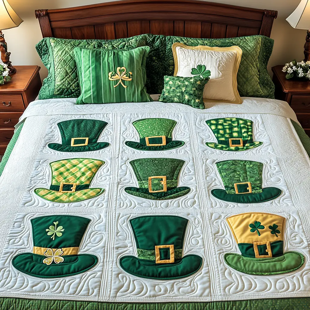 Clover Hat Quilted Bedding Set Bedroom Decorations St Patricks Day Gift For Husband