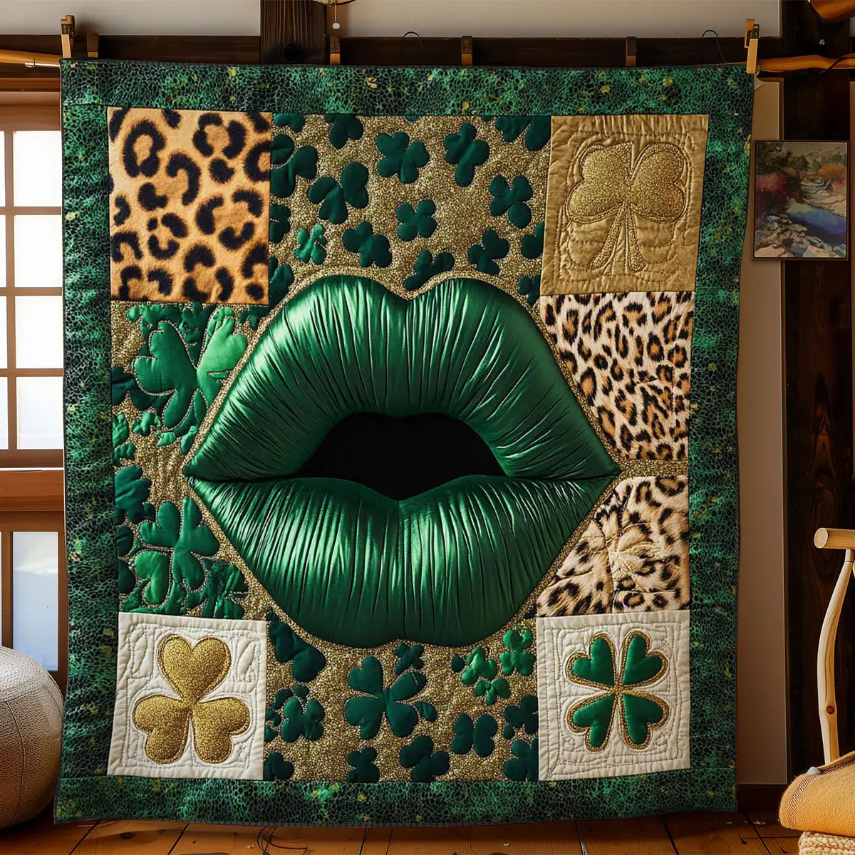 Clover Kiss Lips Quilted Blanket Bedding Decor Idea St Patricks Day Gift Ideas For Women