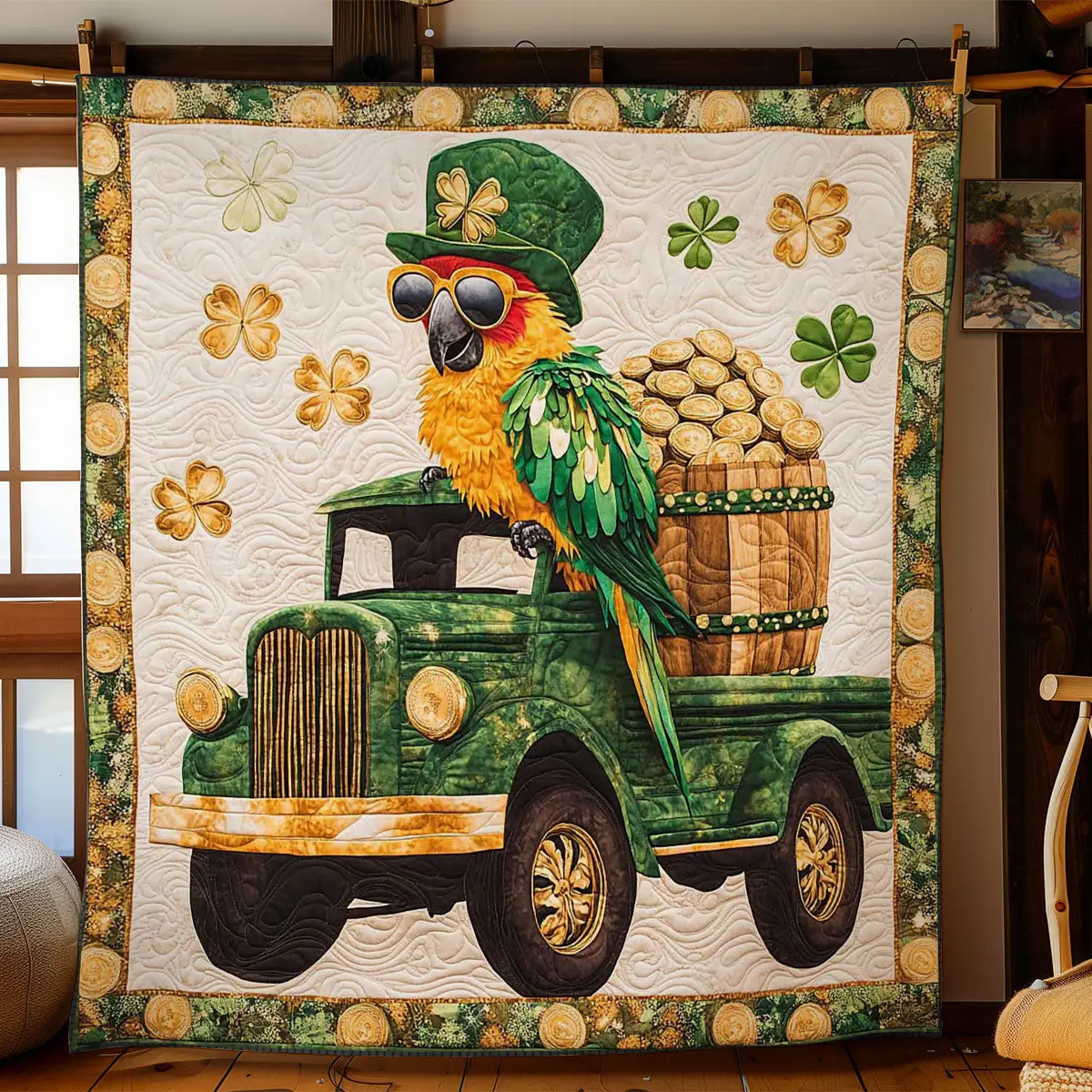 Clover Parrot Quilted Blanket Bedding Accessories St Patrick's Gifts For Grandma