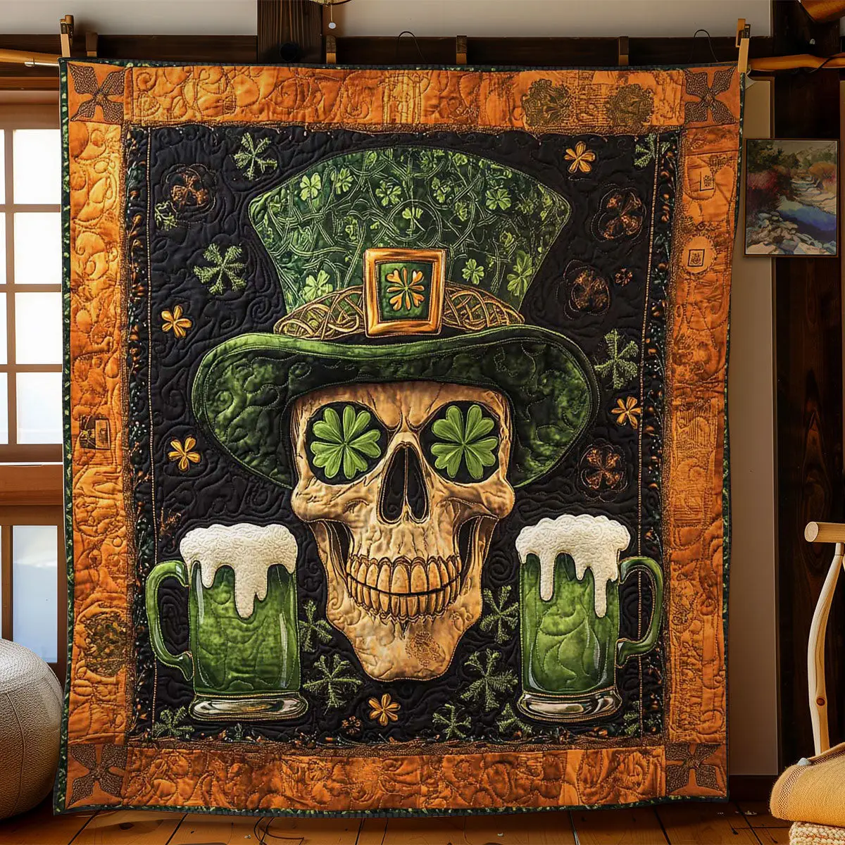Clover Skull Shamrock Quilted Blanket Saint Patrick's Day Gift For Skeleton Lovers