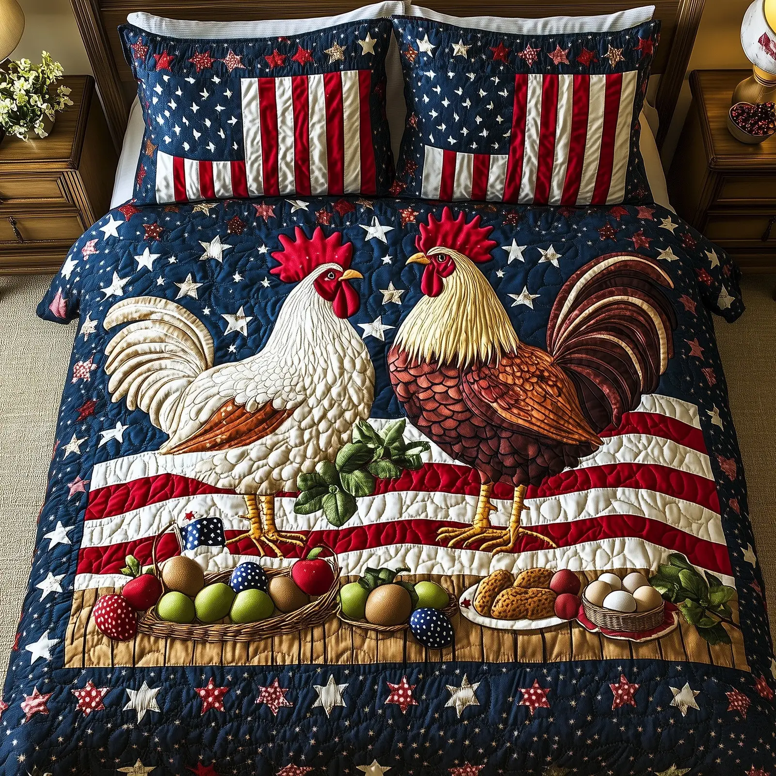 Cluck for Freedom  Quilted Bedding Set Best Luxury Sheets 4Th Of July Themed Gifts