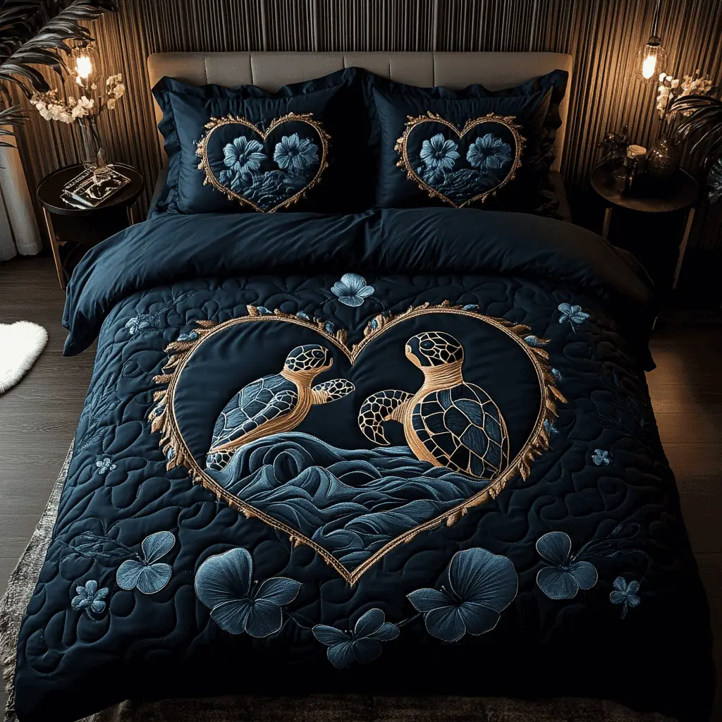 Coastal Drift Quilted Bedding Set Turlte Couple Valentines Bedroom Decor Gift For Guys