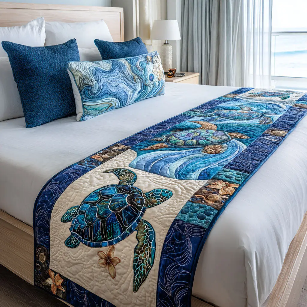 Coastal Glide Quilted Bed Runner Coastal Glide Wave Housewarming Gift for Wife