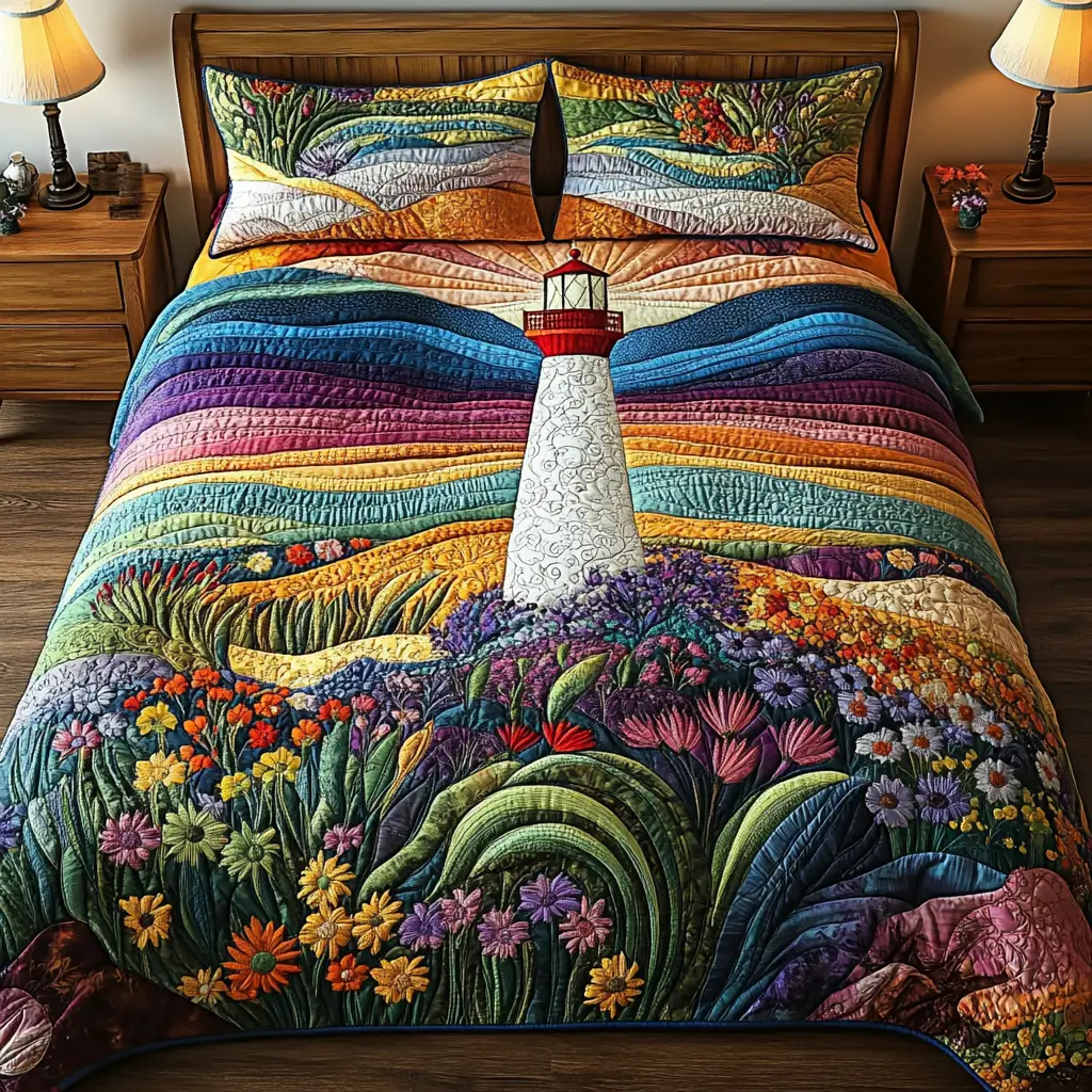 Coastal Light Quilted Bedding Set Cute Room Decor Ocean Lighthouse Gift Ideas