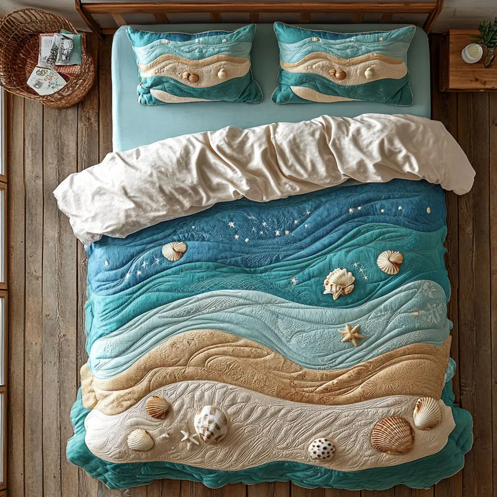 Coastal Ripple Quilted Bedding Set Duvet Cover Bedspread Best Gifts For Couples