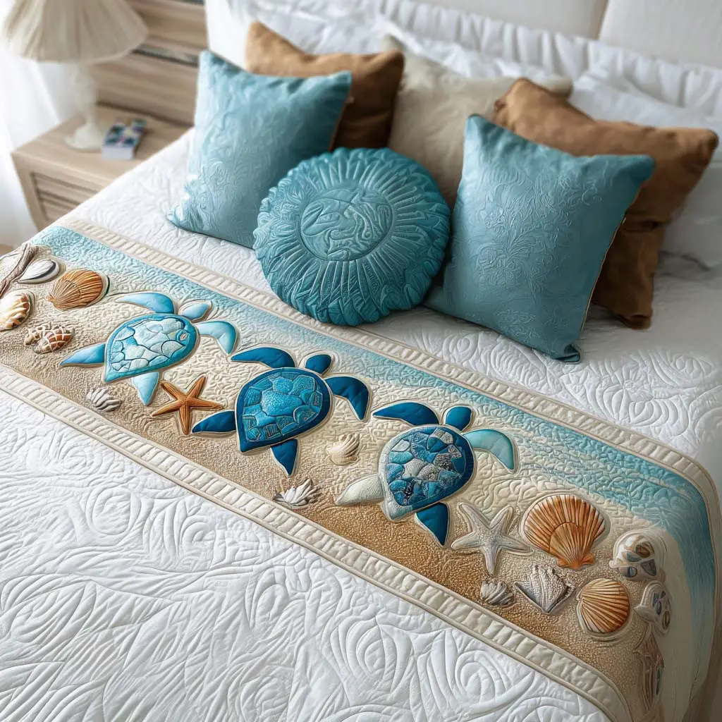 Coastal Turtle Charm Quilted Bed Runner Coastal Turtle Charm Beach Gift