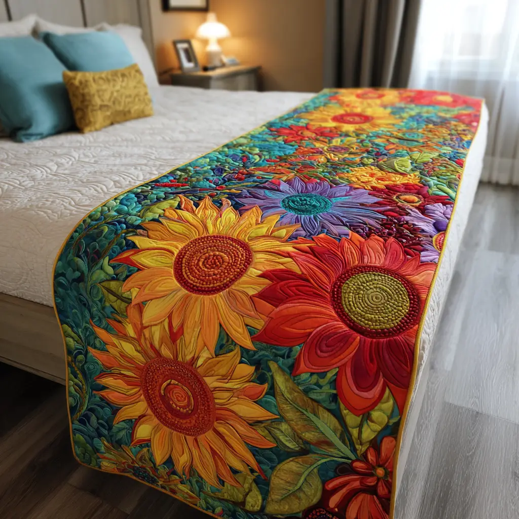 Color Bloom Quilted Bed Runner Colorful Floral Spread Spring Gift for Wife