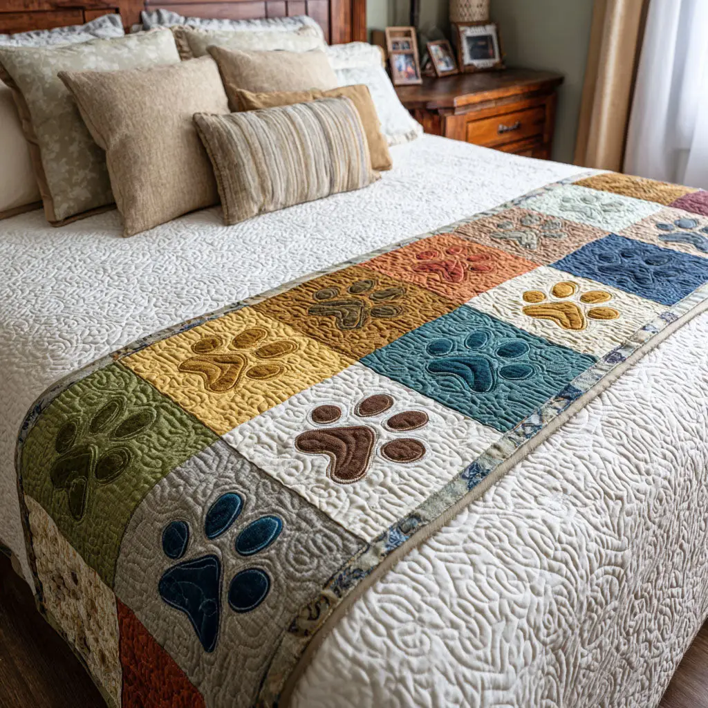 Color Pawpatch Quilted Bed Runner Colorful Paw Patch Gift for Dog Lovers