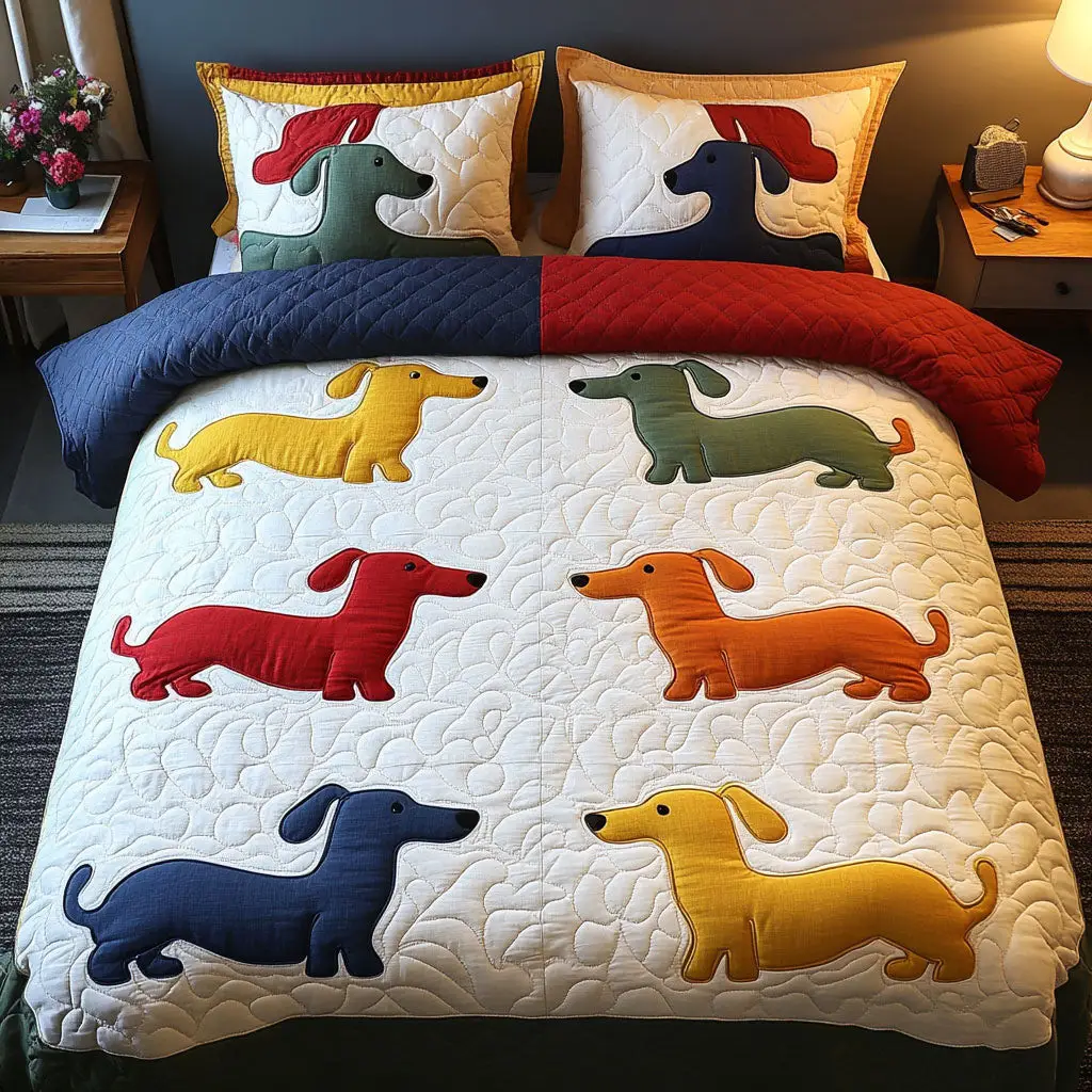 Color Pup Joy Quilted Bedding Set Unique Bedding Gift for Family Gatherings