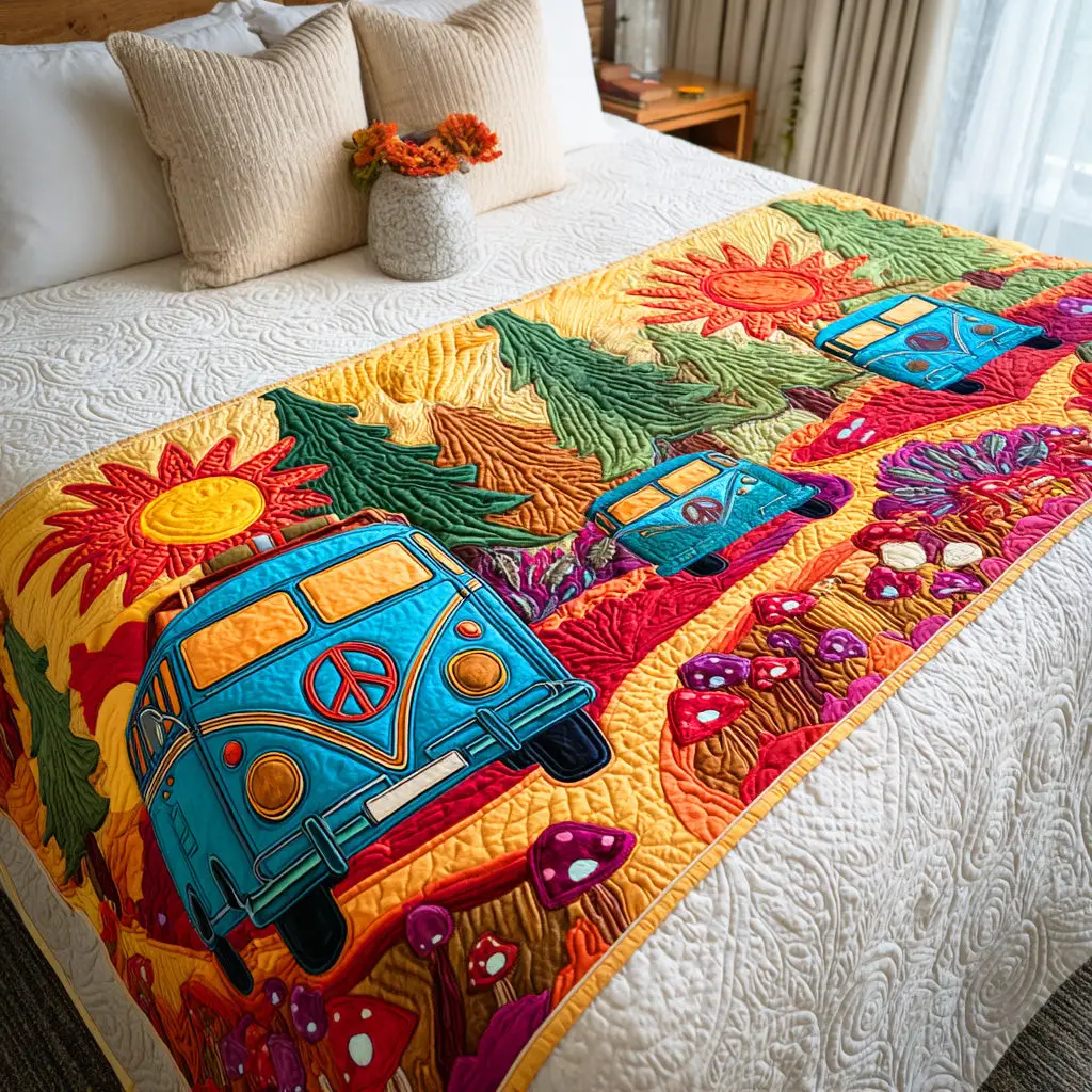 Colorburst Truck Quilted Bed Runner Colorburst Truck Trail Fun Housewarming Gift