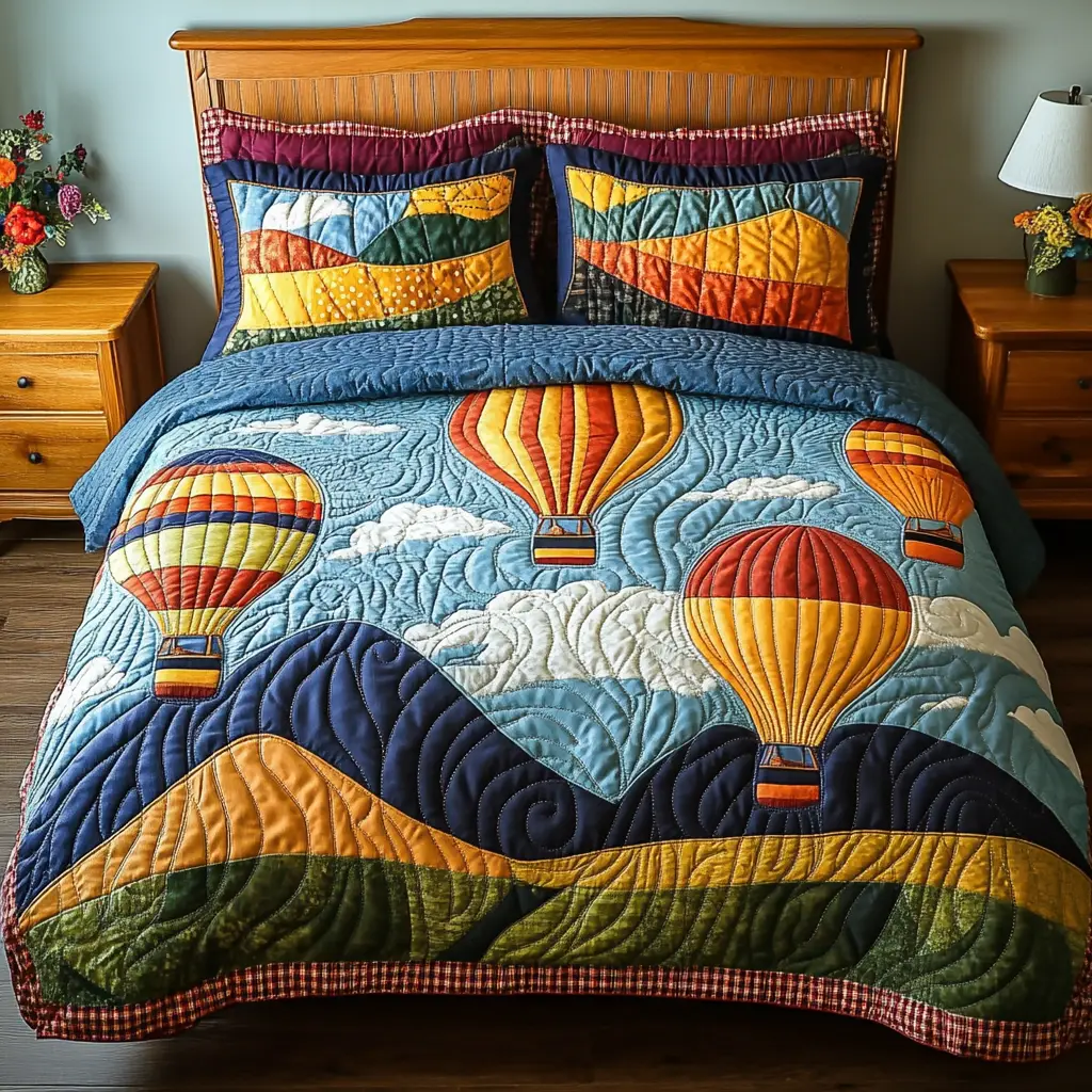 Colorful Ascent Quilted Bedding Set Bed Decor Sky Air Balloon Gifts For Her