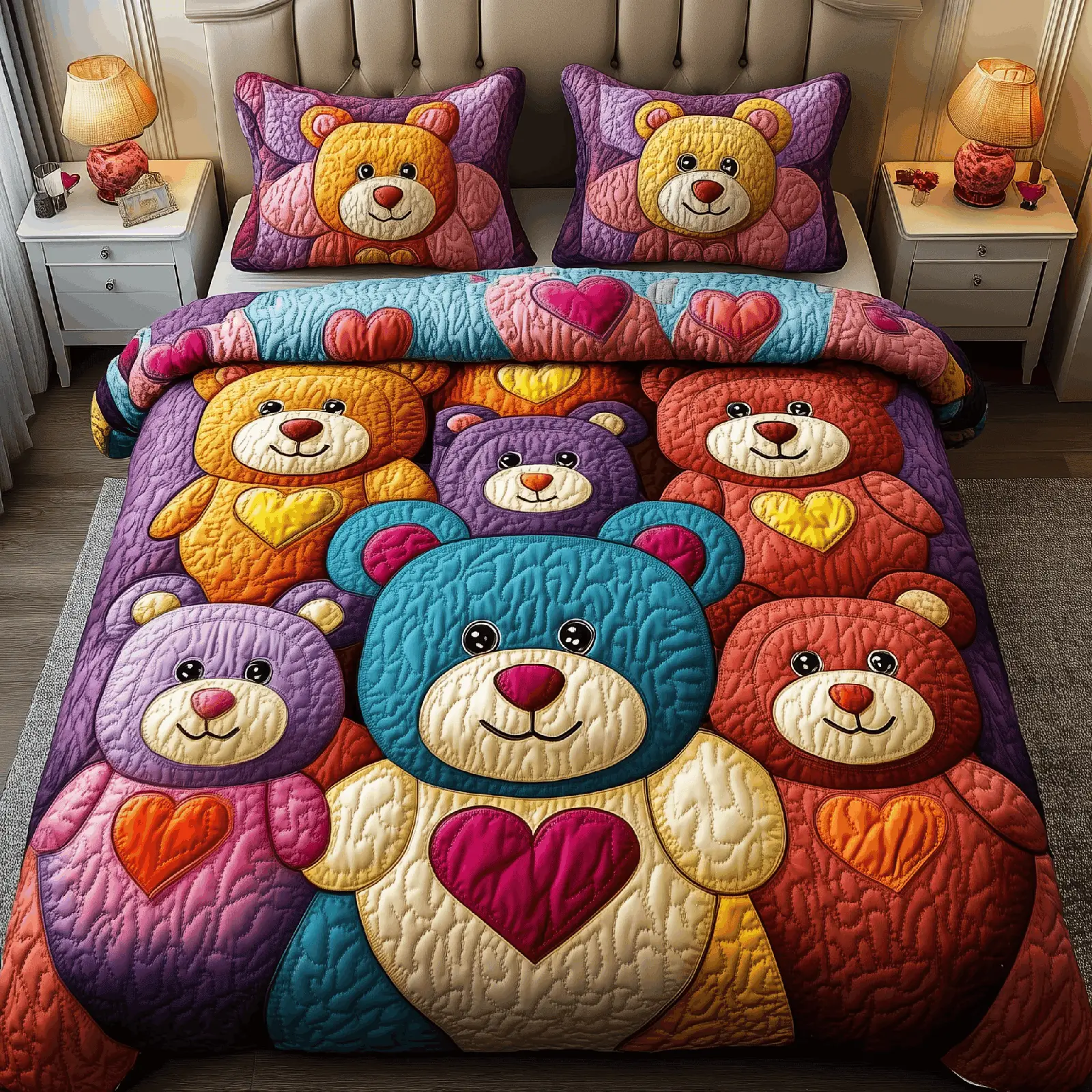 Colorful Bear Charm Quilted Bedding Set Bedroom Decorations Valentine Gift For Wife