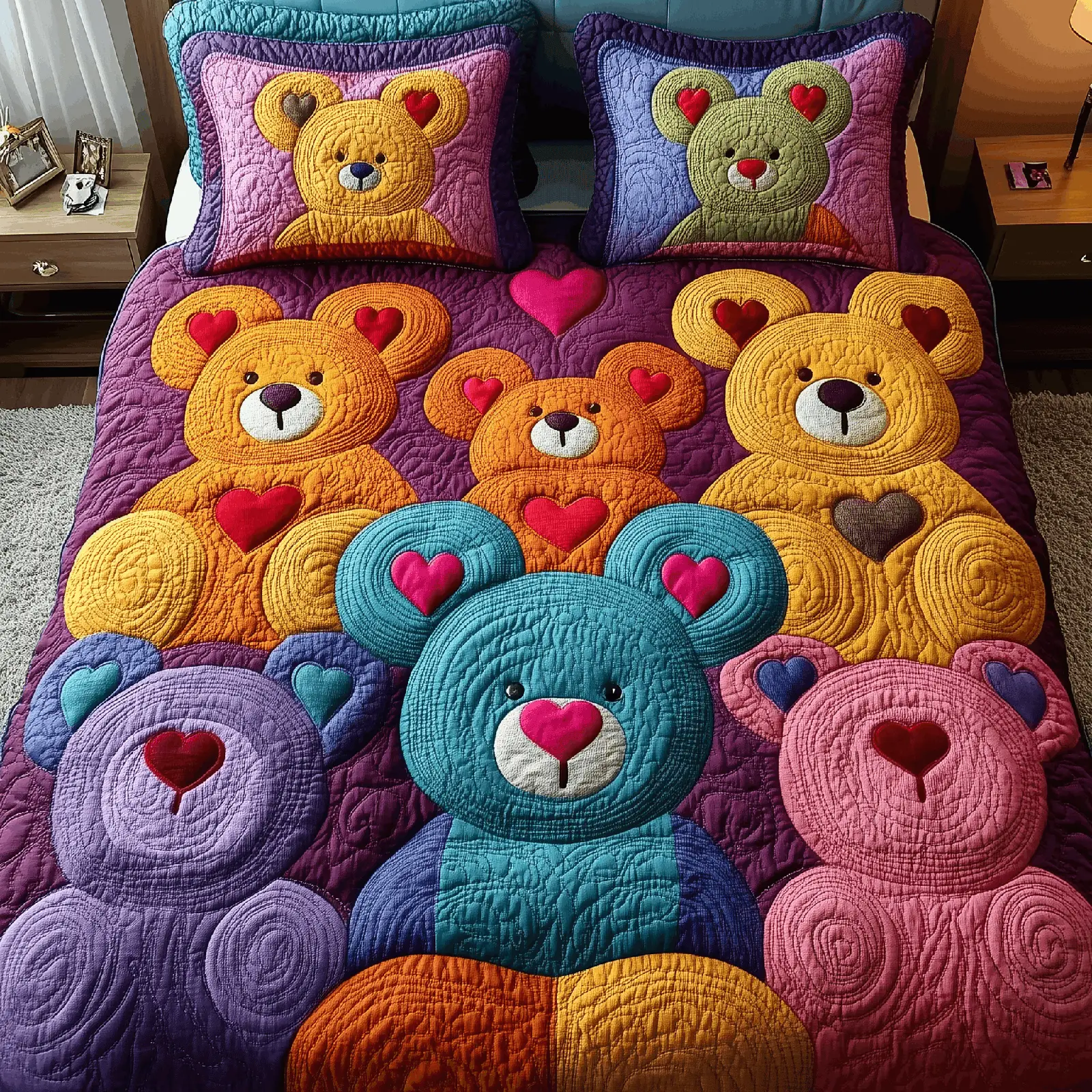 Colorful Bear Charm Quilted Bedding Set Modern Home Decor Valentine's Day Gifts Idea