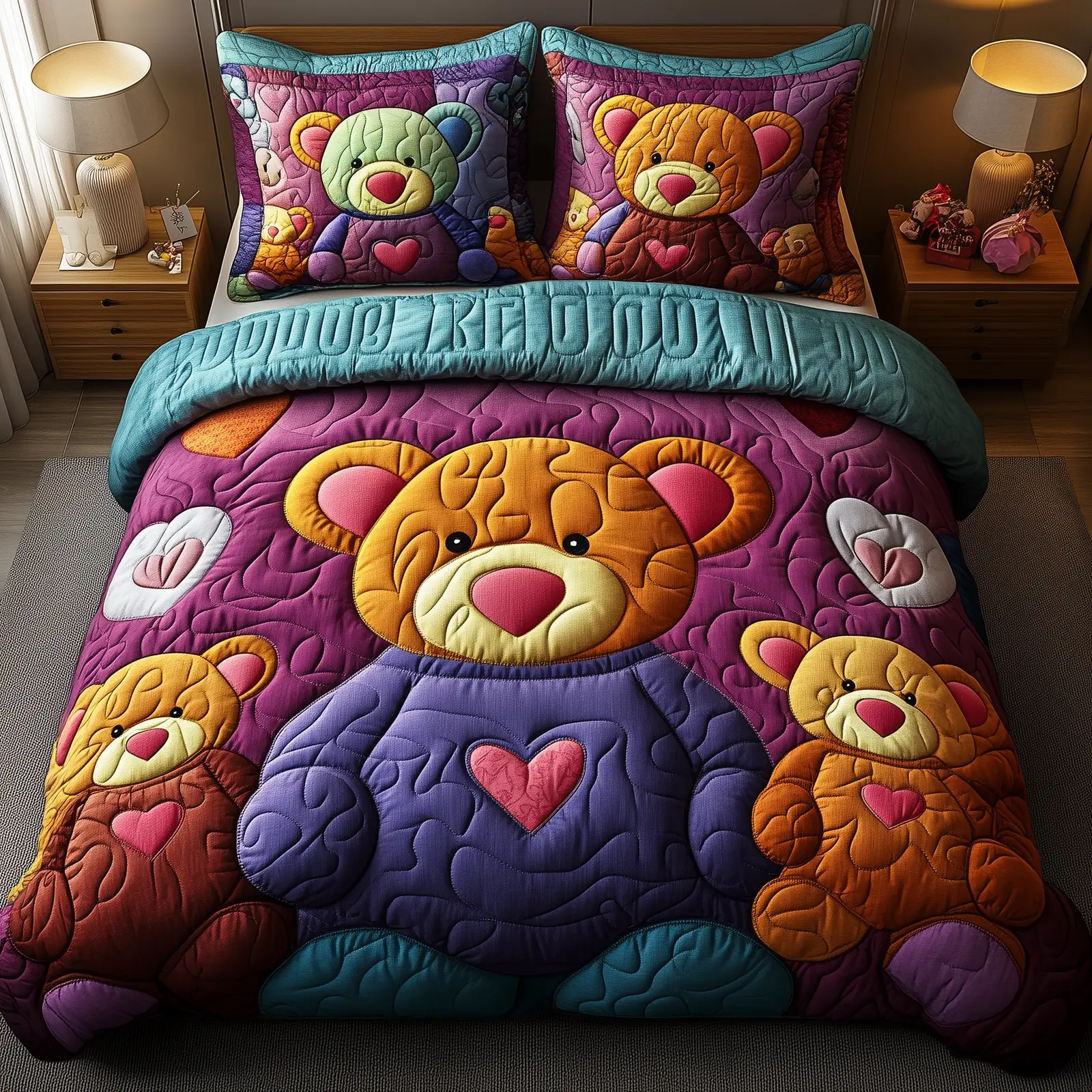 Colorful Bear Charm Quilted Bedding Set Valentine Day Presents For Bear Enthusiast