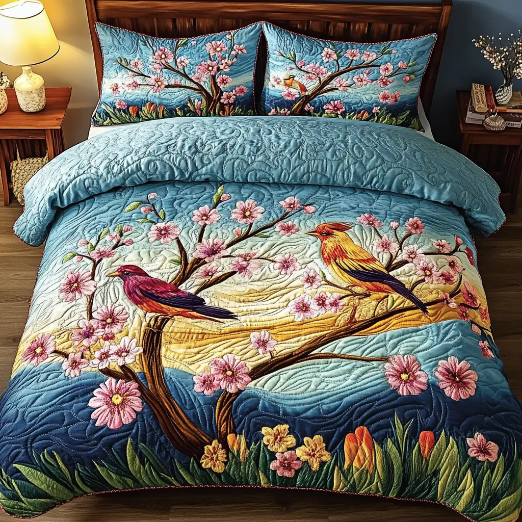 Colorful Birds Quilted Bedding Set Bed Room Decoration Christmas Presents For Bird Lovers