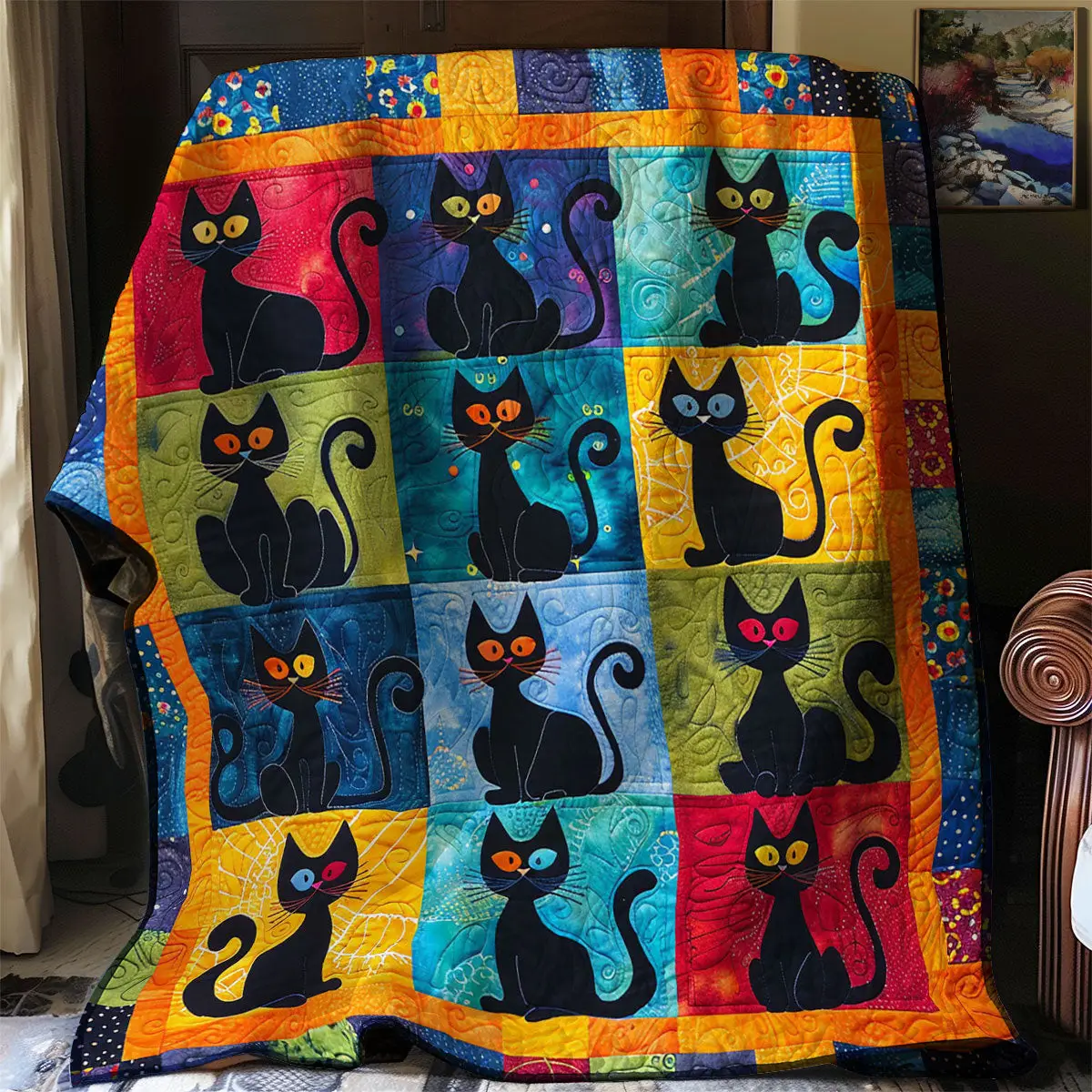 Colorful Black Cat Quilt Throws And Blankets Mother's Day Gift Ideas For Wife