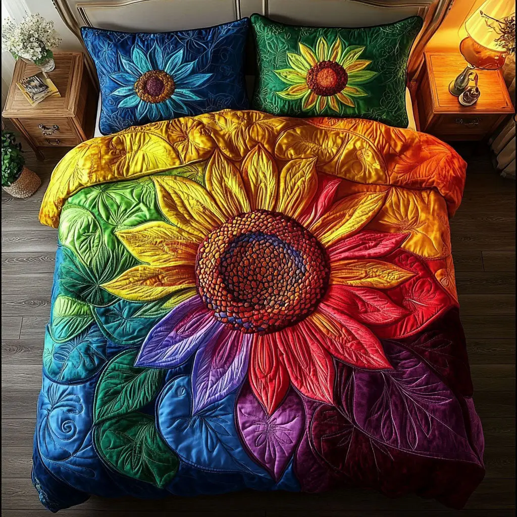 Colorful Blooms Quilted Bedding Set Bed Decor Sunflower Gifts For Women Colorful Blooms Quilted Bedding Set Bed Decor Sunflower Gifts For Women - Image 1