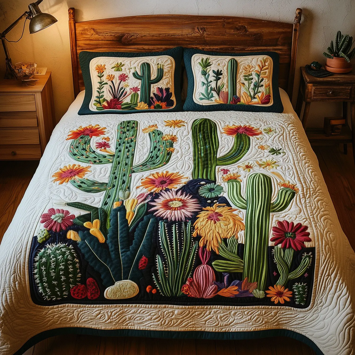 Colorful Cactus Quilted Bedding Set Vibrant Desert Bedroom Decor Gift For Cactus Lovers