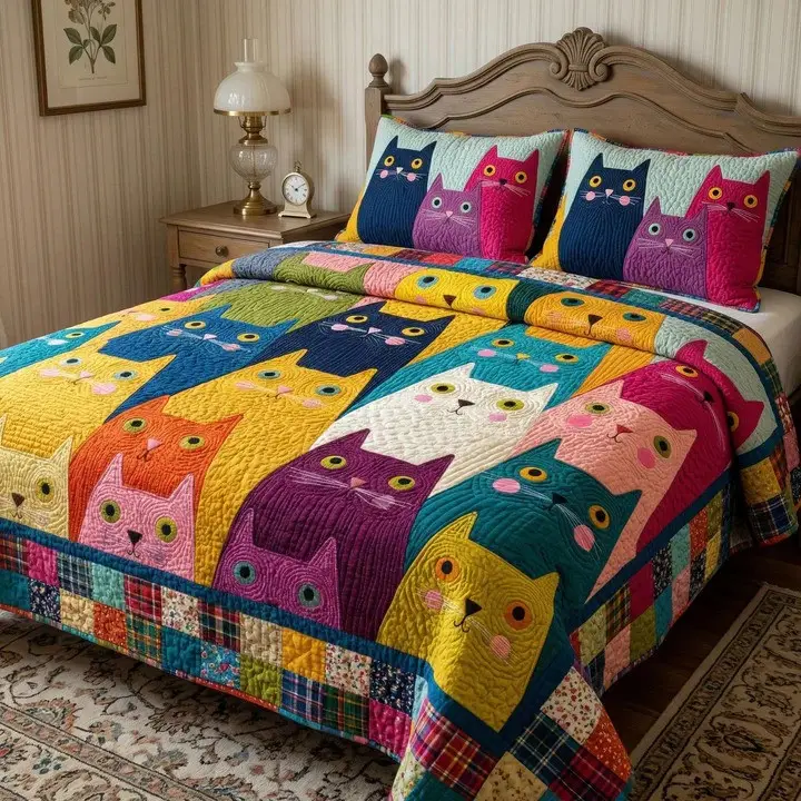 Colorful Cat Parade Quilted Bedding Set Cat Lover Bedroom Decor Home Gift For Pet Parents