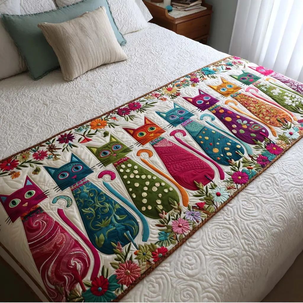 Colorful Cats Quilted Bed Runner Colorful Cat Theme Gift for Cat Lovers