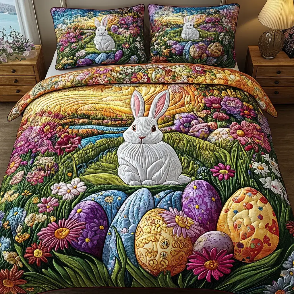 Colorful Easter Retreat Quilted Bedding Sets Colorful Eggs and Spring Flowers Easter Presents