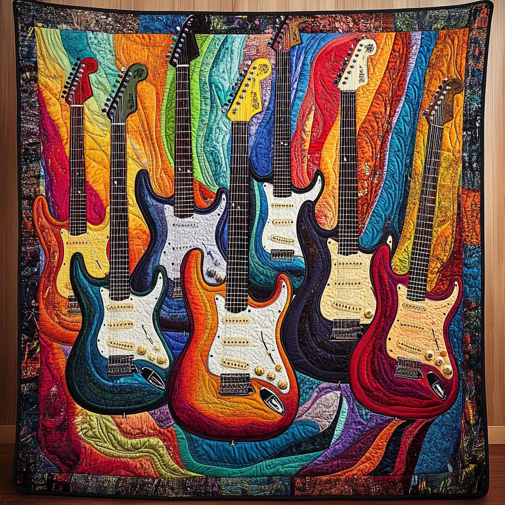 Colorful Electric Guitar Quilt Blanket Bedroom Decor Cozy Holiday Gifts For Guitar Lovers