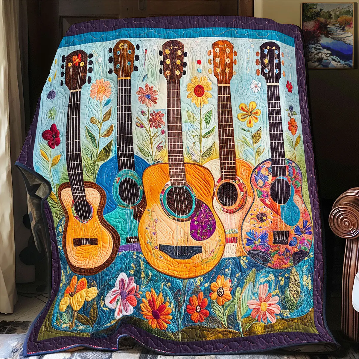 Colorful Electric Guitars Quilt Blanket Art Throw Blanket Presents For Guitar Lovers