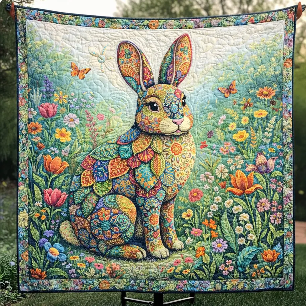 Colorful Floral Bunny Quilted Blanket Coastal Home Decor Best Gift For Sister