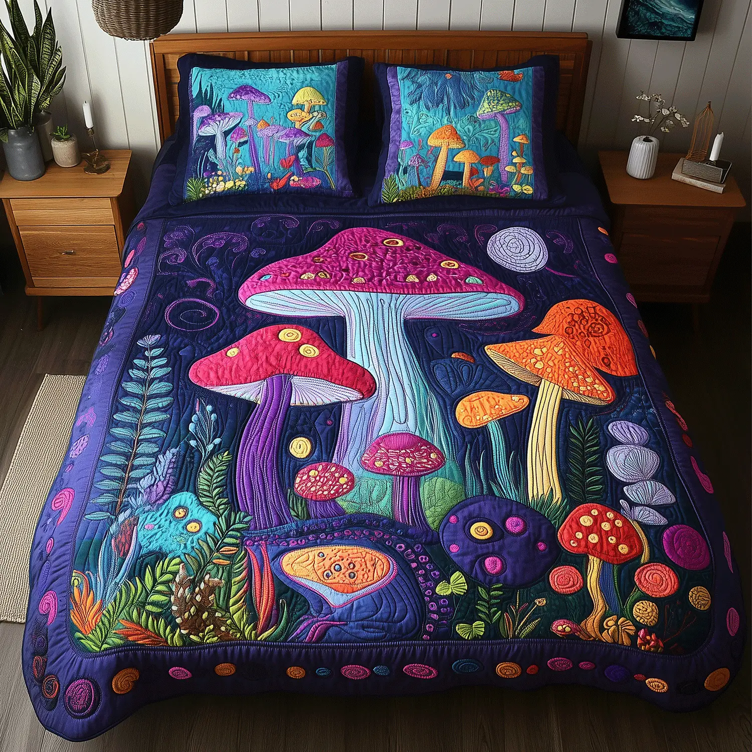 Colorful Mushroom Magic Quilted Bedding Set Personalized Bedding Set Gift for Couples