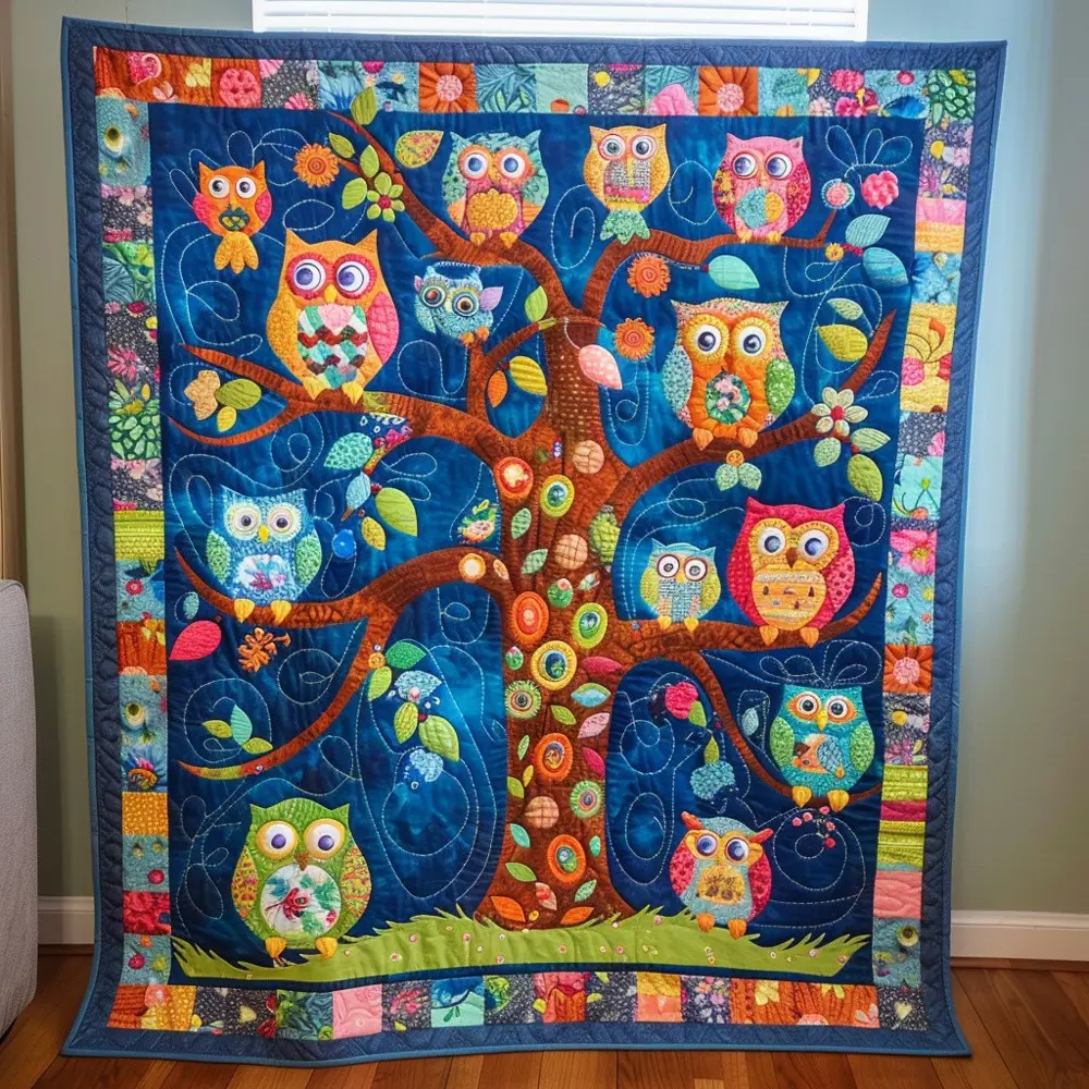 Colorful Owl Tree Quilted Blanket Wildlife Art Cozy Bedding Warm Throw Best Gift For Owl Lovers