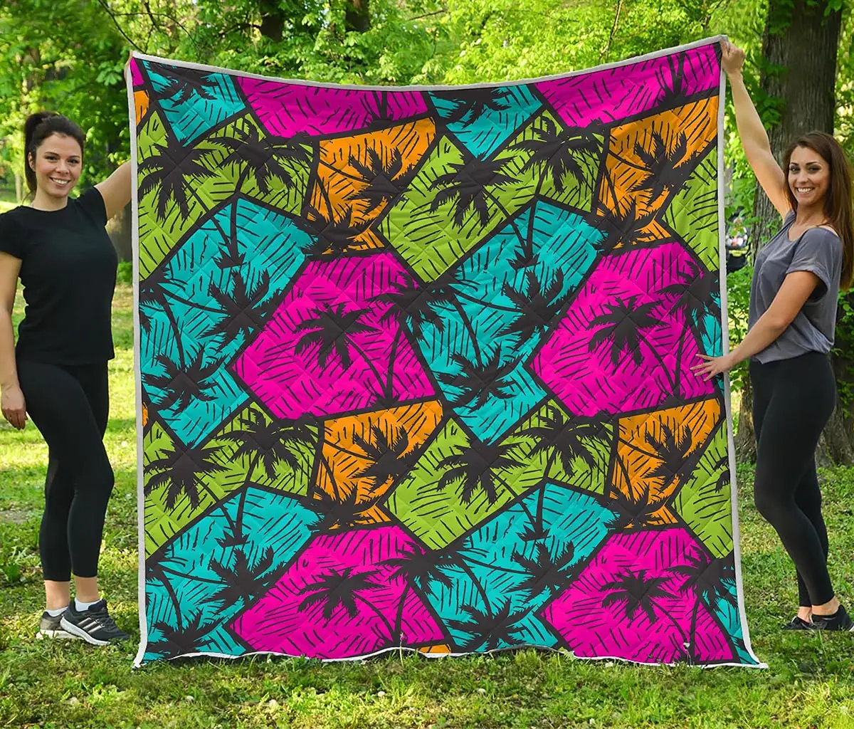 Colorful Palm Tree Pattern Quilted Blanket Summer Vibe Couch Blanket Mother's Day Gifts For Daughter Colorful Palm Tree Pattern Quilted Blanket Summer Vibe Couch Blanket Mother's Day Gifts For Daughter - Image 1