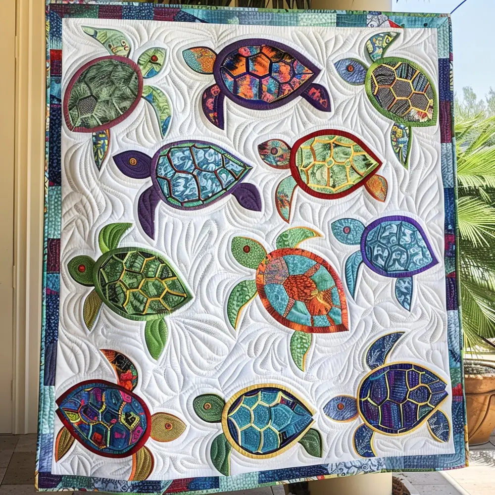 Colorful Sea Turtle Quilted Blanket Patchwork Ocean Life Throw Best Gift For Turtle Lover Marine Decor Colorful Sea Turtle Quilted Blanket Patchwork Ocean Life Throw Best Gift For Turtle Lover Marine Decor - Image 1