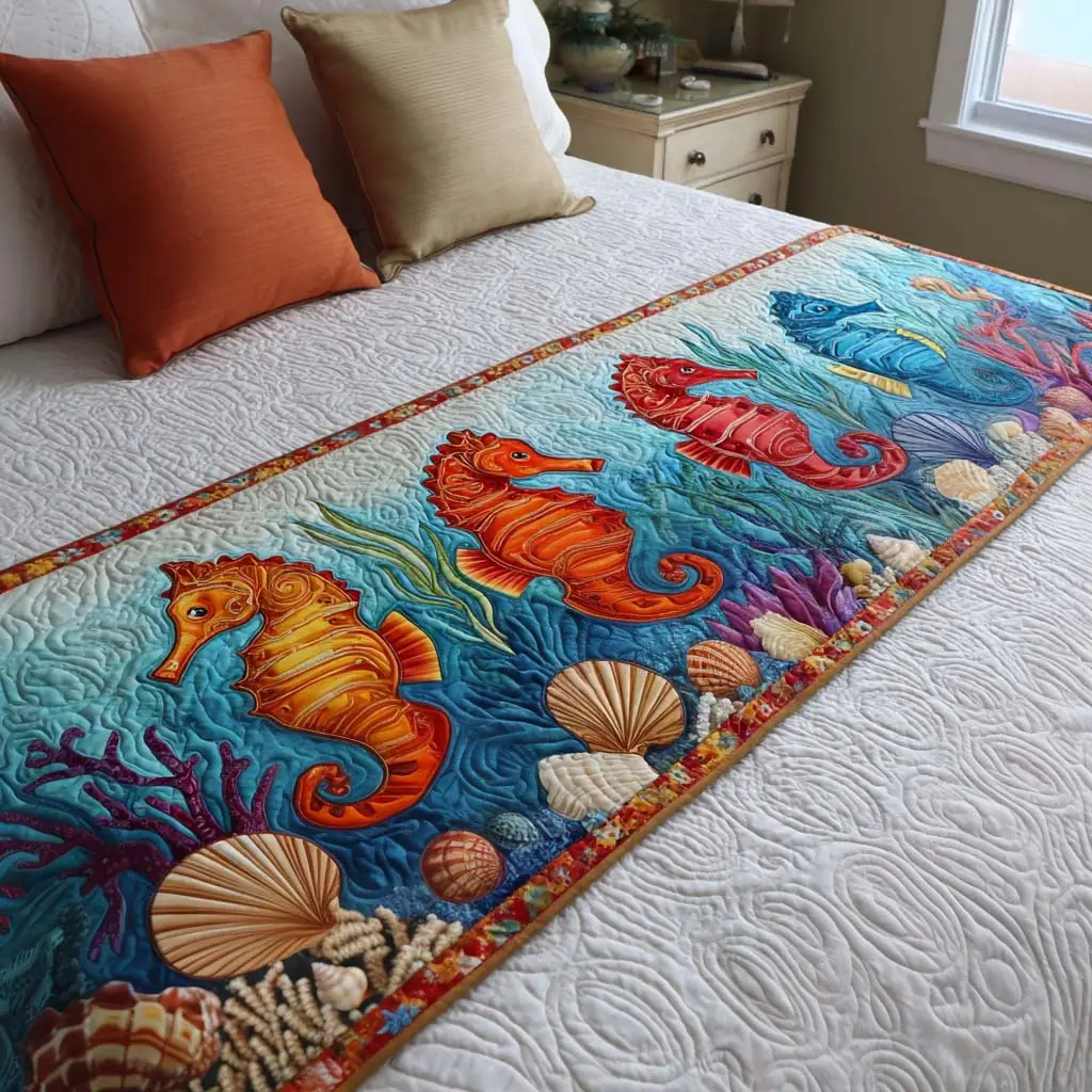 Colorful Seahorses Quilted Bed Runner Bright Seahorses Coastal Home Gift