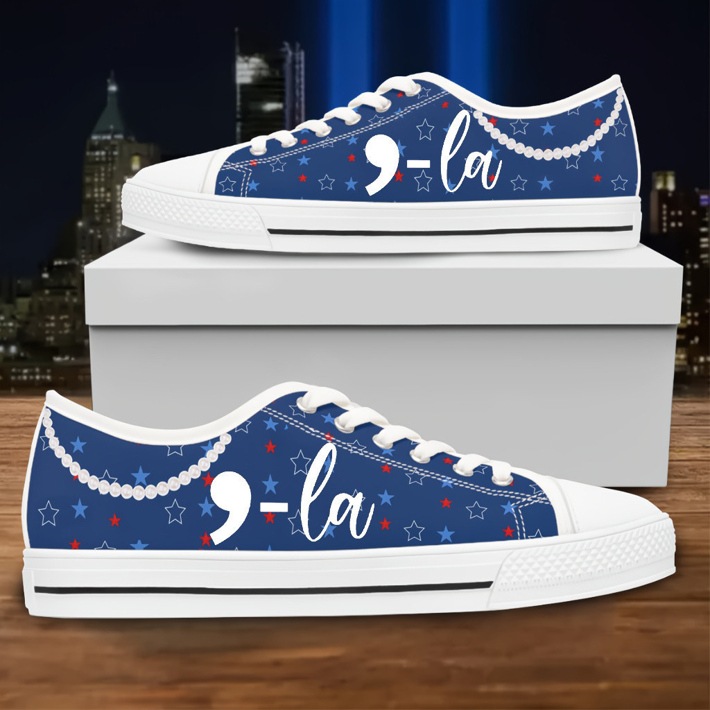 Comma La Funny Kamala Vote Blue Low Top Sneakers Kamala Harris Pearls Blue Low Top Shoes